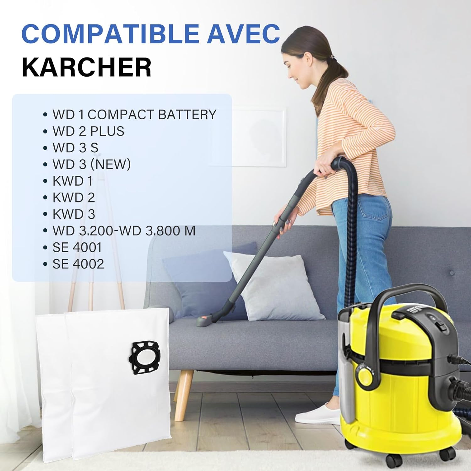 12 sacs d'aspirateur KFI 357 pour Kärcher KWD1, KWD2, KWD3,WD2 Plus, WD3,SE 4001, SE 4002,SE 4, SE 4 Plus Aspirateur, 2.863-314.0 - 2