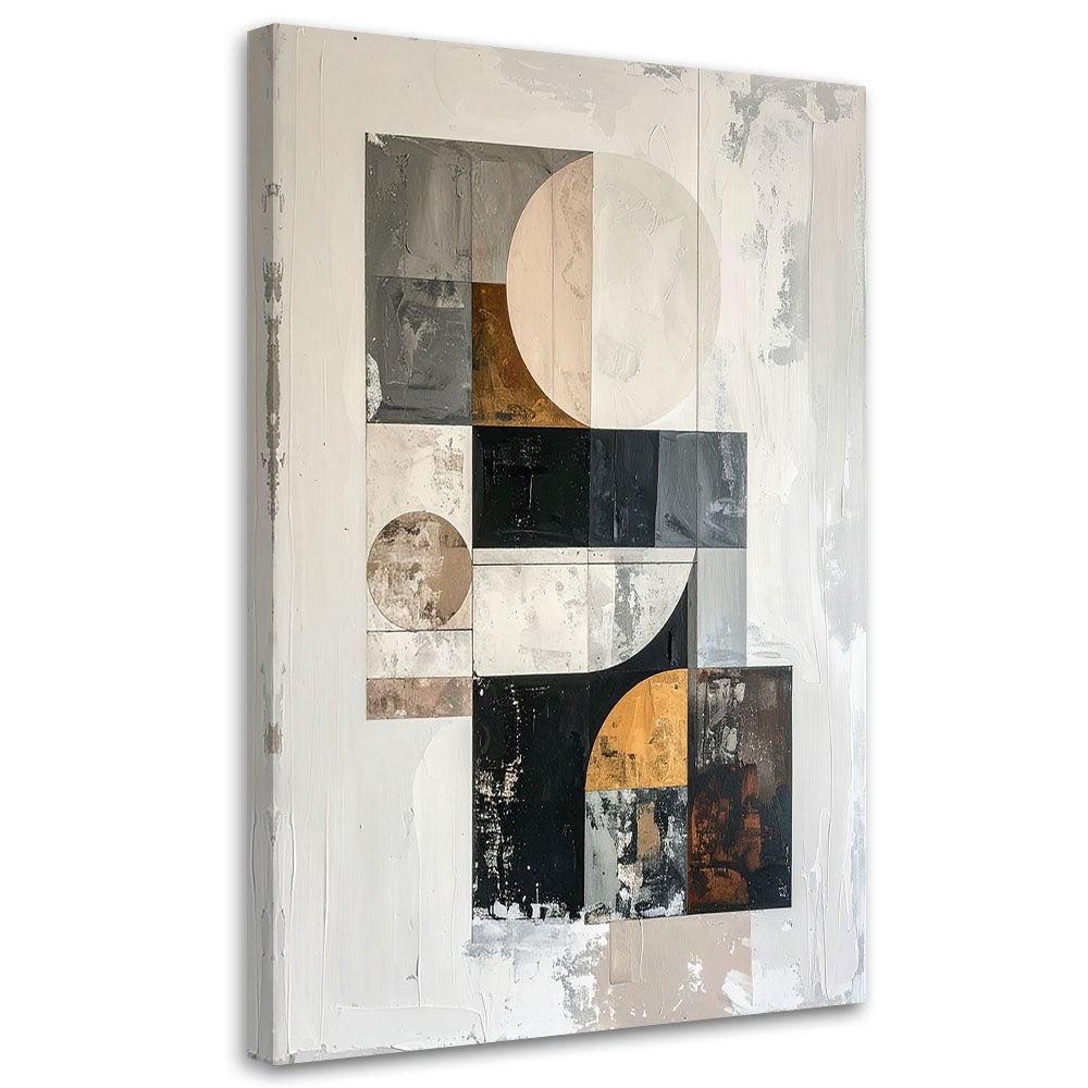 Obraz do salonu, Abstrakcja geometryczna w bieliszarości czerni i złotych akcentach 20x30