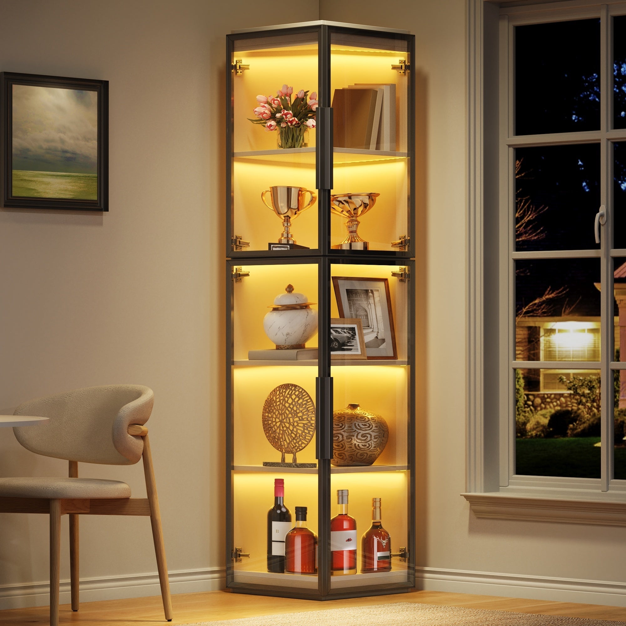 Vitrine 5 étages – 32x80x170 Cm – Portes Acryliques – Bibliothèque Ou Collection – Marron
