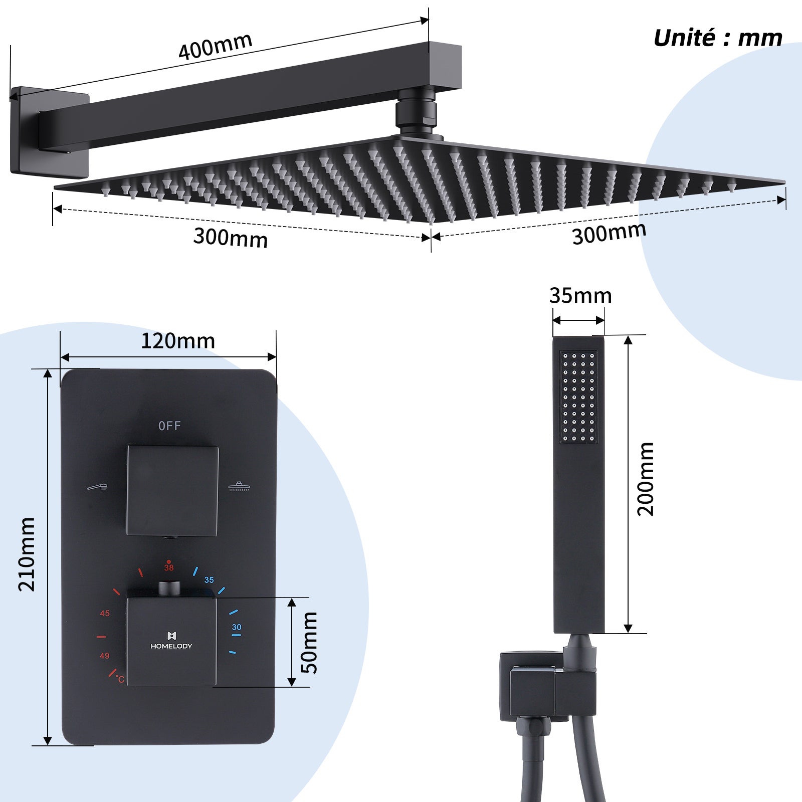 Colonne de Douche Encastrée Noir Système de Douche Thermostat en Laiton avec Tête de Douche Carrée 30*30CM HOMELODY - 6
