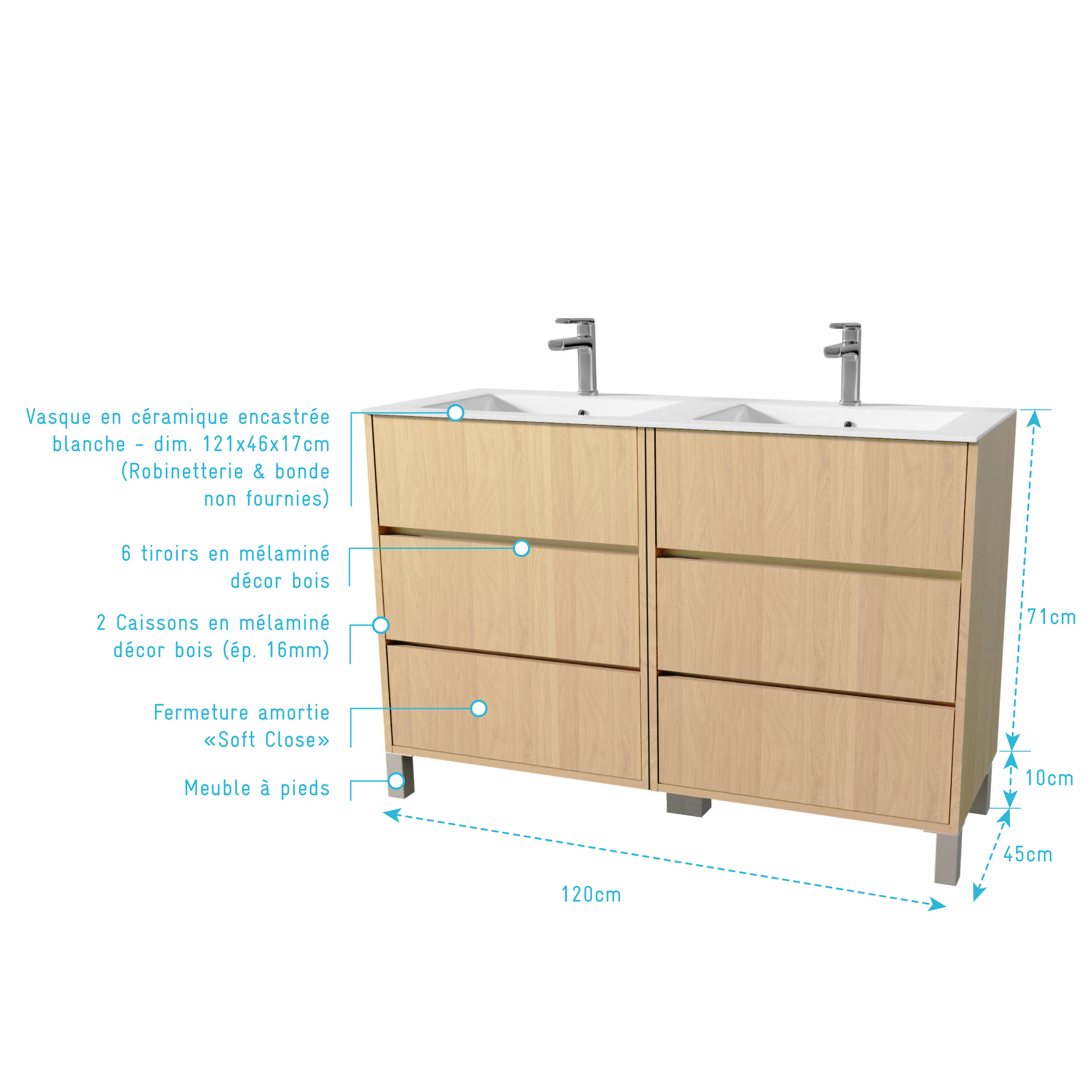 Pack Meuble Salle de Bains 120 cm Chêne Clair, 6 tiroirs avec Vasque Céramique - XENOS - 4