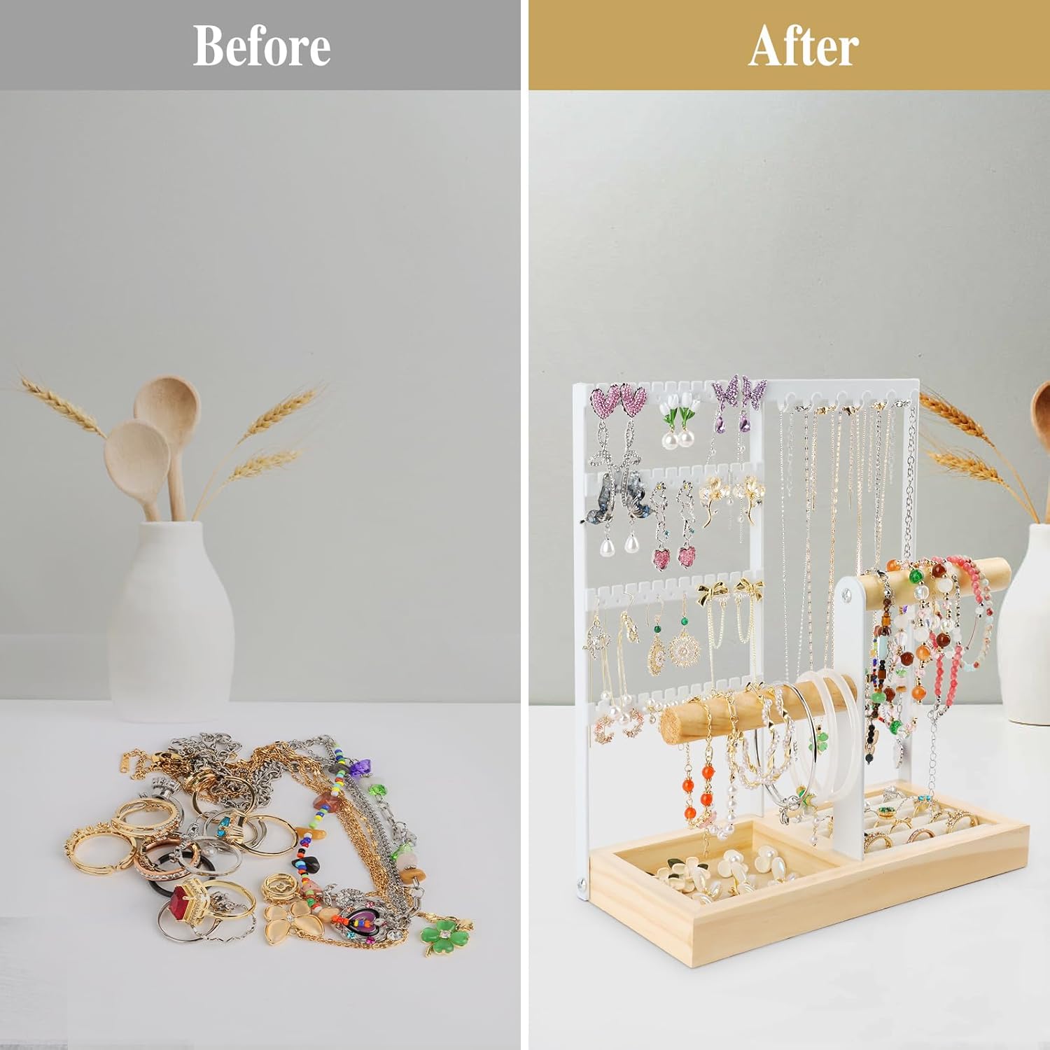 Présentoir à Bijoux, Présentoir à bijoux porte-chaîne avec Base en Bois, Porte Collier Boucles d’Oreille, Organisateur de Bijoux pour bagues - 6