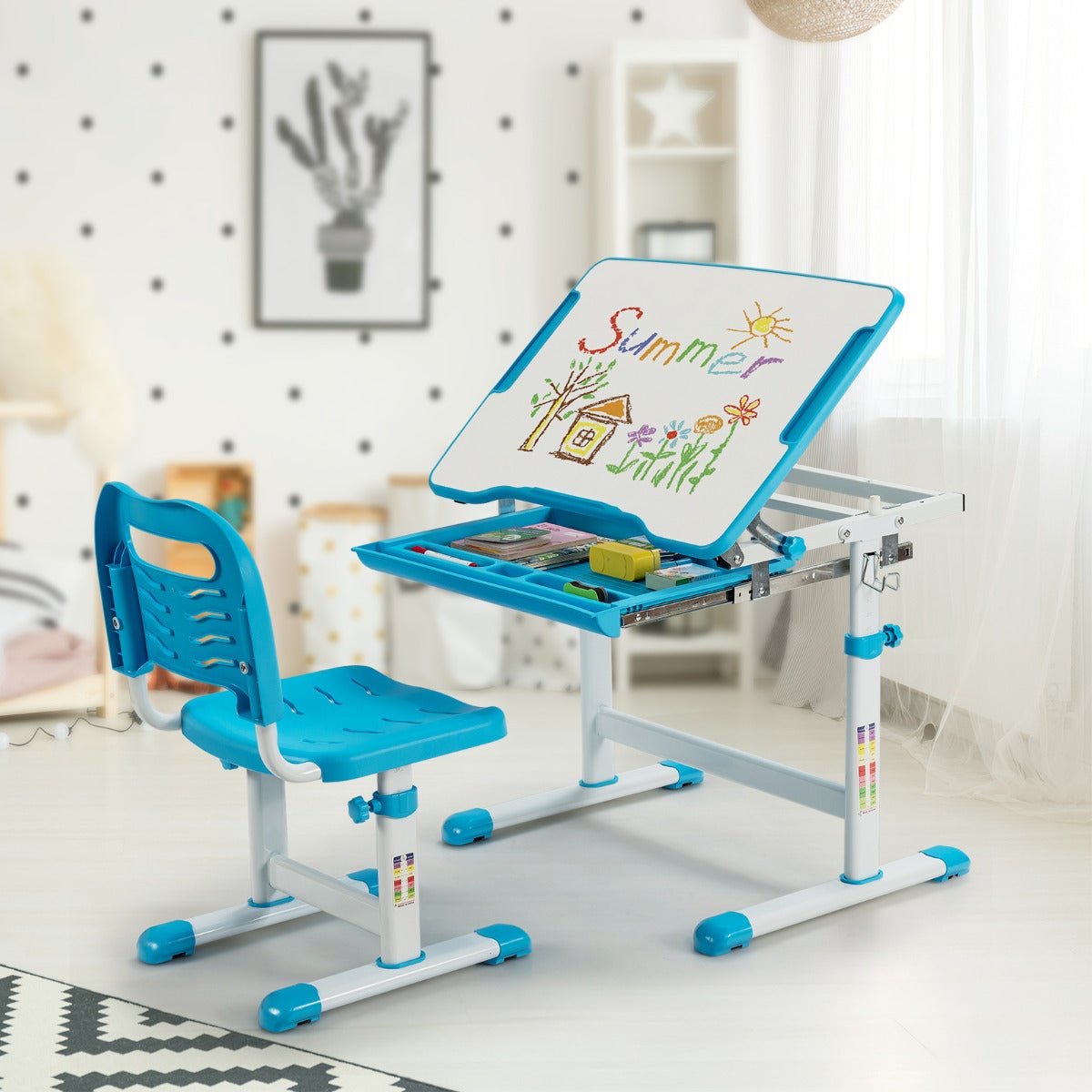 Conjunto escritorio y silla infantil regulable azul con cajón - altura ajustable