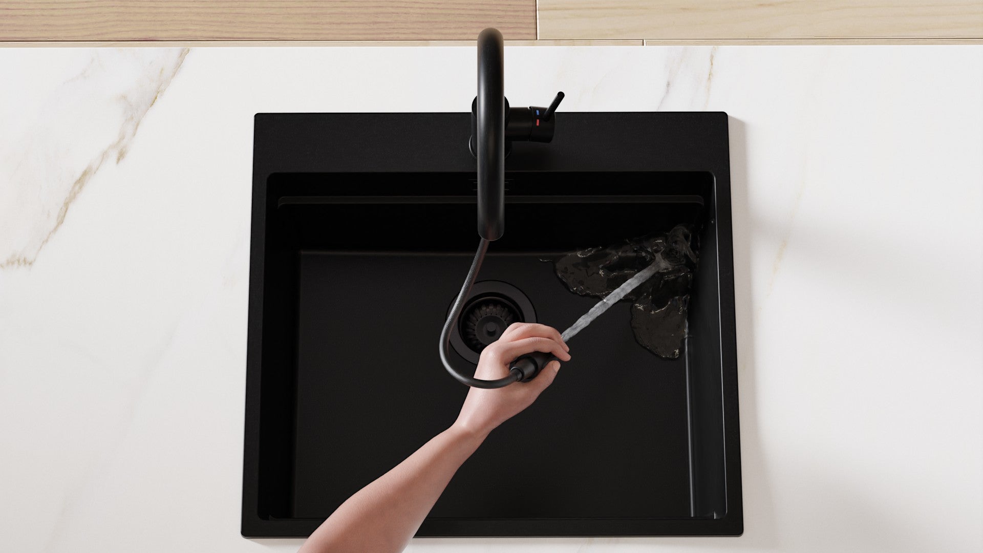 PRIMAGRAN Rubinetto da cucina 9010 nero con due tipi di getto, Rubinetto ad alta pressione, Rubinetto da cucina girevole a 360° - 3