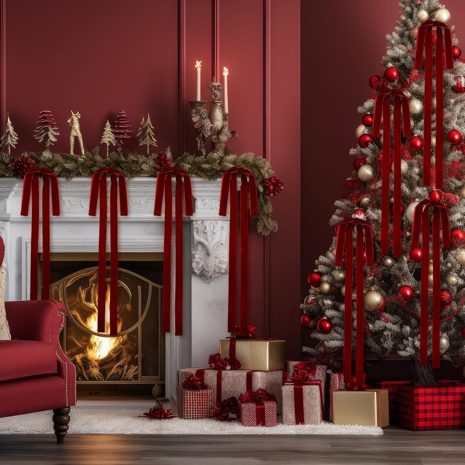 Juego de 6 lazos largos de terciopelo burdeos, adornos navideños, para árbol, corona, escalera, chimenea, puerta, 60 x 40 cm - 5