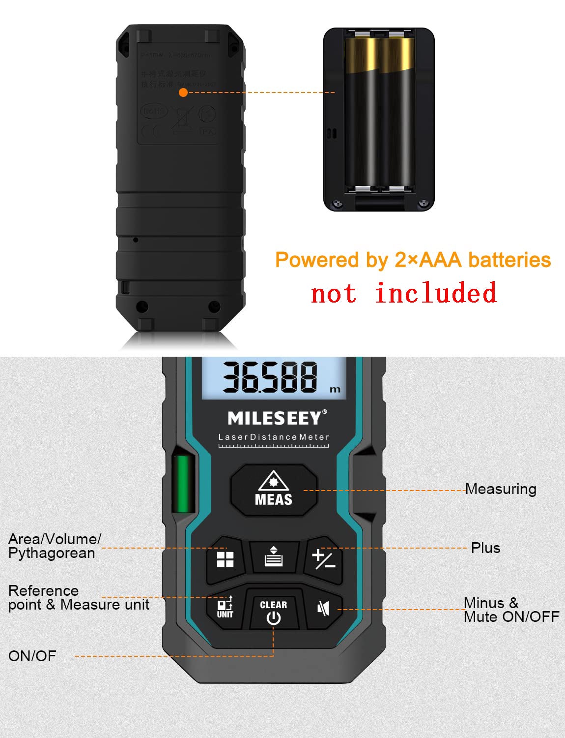 Misuratore di distanza laser da 50 m con controllo elettronico del livello, interruttore metri/pollici/unità - 3