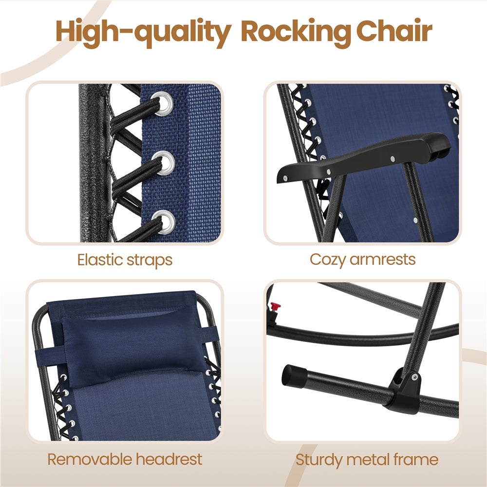 Fauteuil à Bascule Pliant en Toile et Métal avec Têtière Réglable, Poche de Rangement, Bleu Marine Yaheetech - 9
