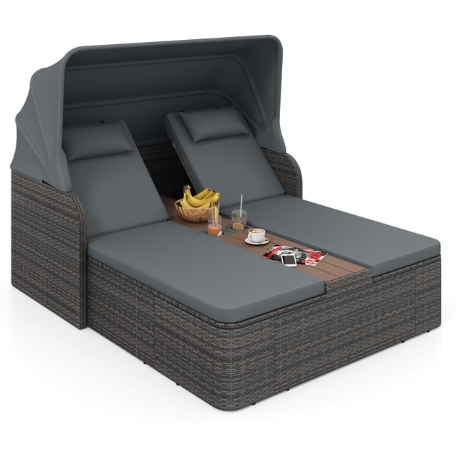 Cama Doble de Ratán, Tumbona Exterior Loveseat con Sombrilla Retráctil y Respaldos Ajustables, Cama Almohadillada para 2 Personas con Mesa Central