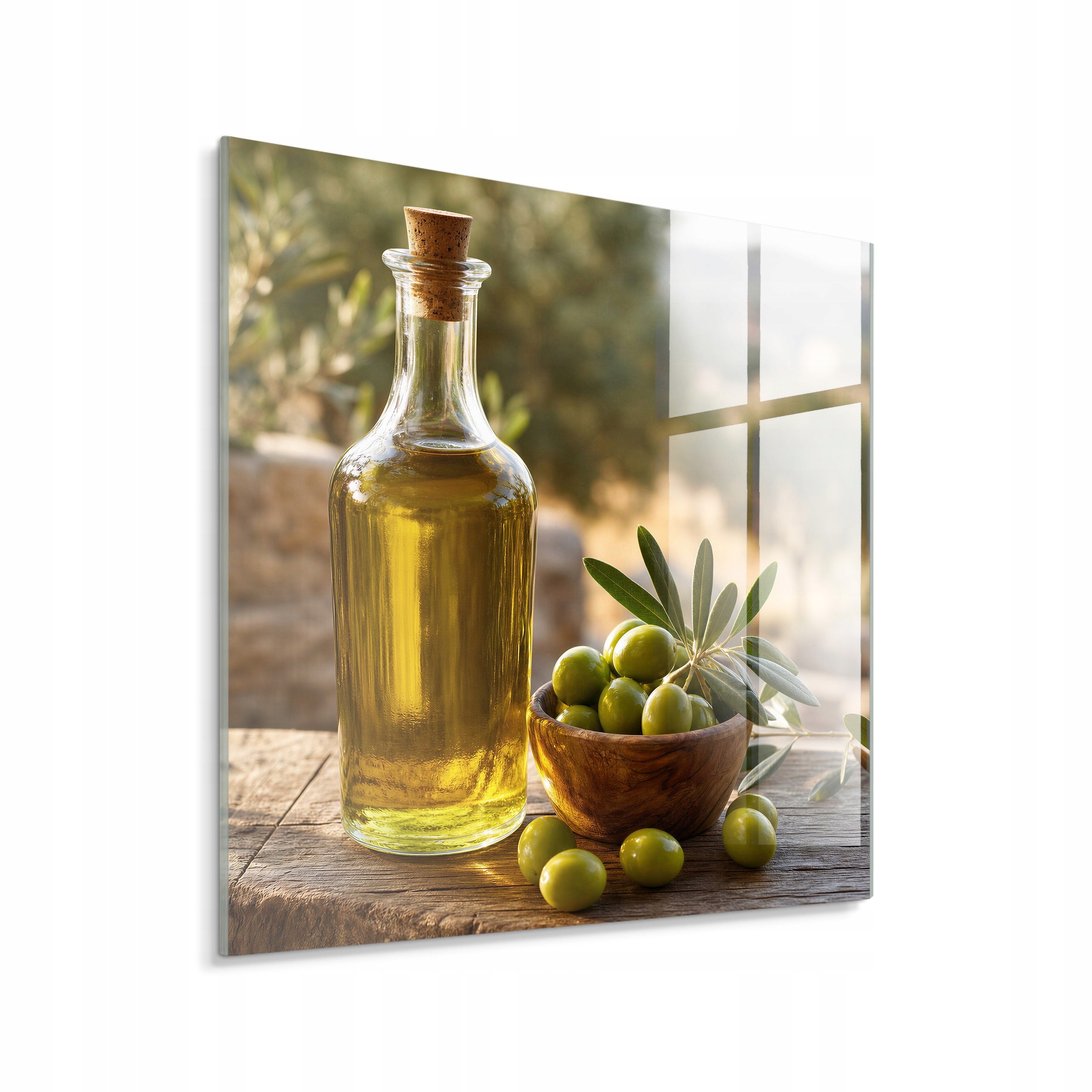 STYLER Tablou pe sticlă Glasspik măsline și ulei 30 x 30 cm, decor modern de perete pentru living, dormitor și casă