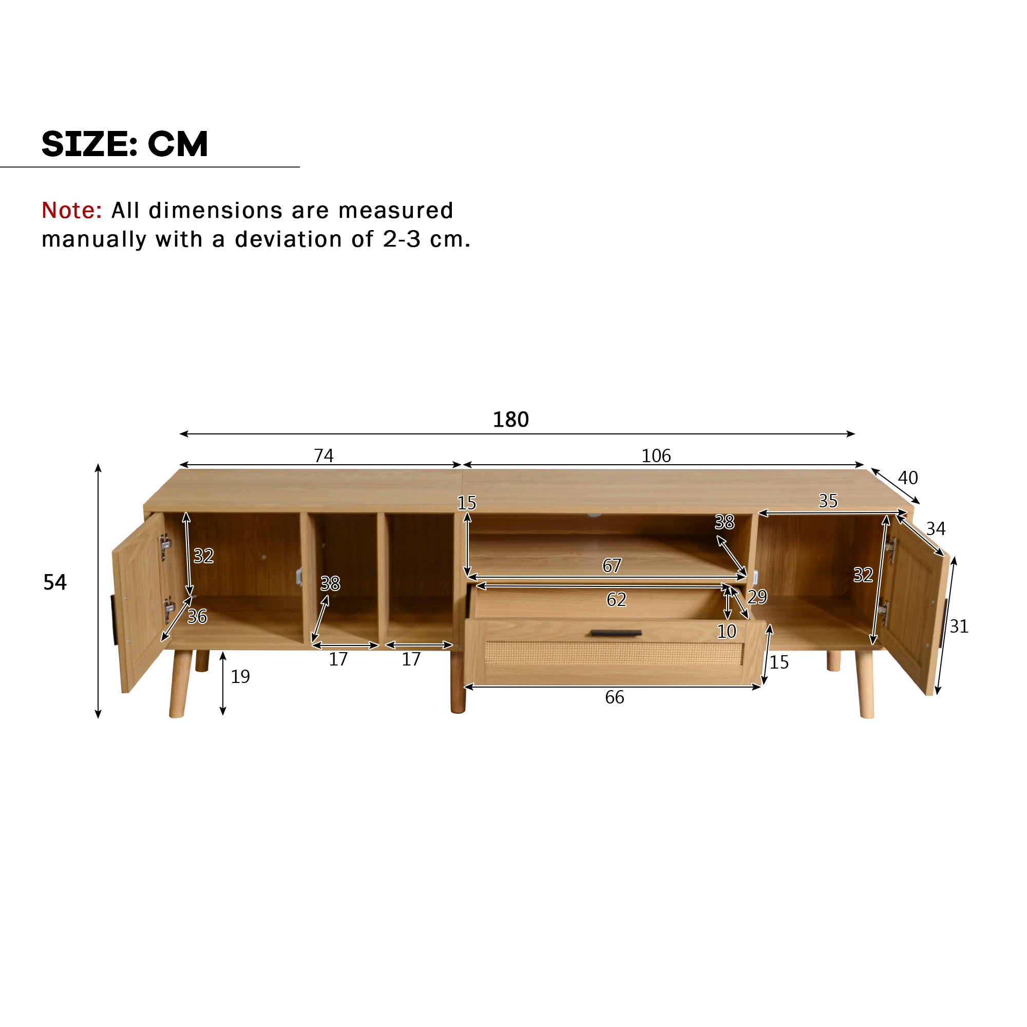 Stojak pod TV 180 cm zdobiony rattanem - 2 drzwi i 1 szuflada - nogi z litego drewna - naturalny - 6