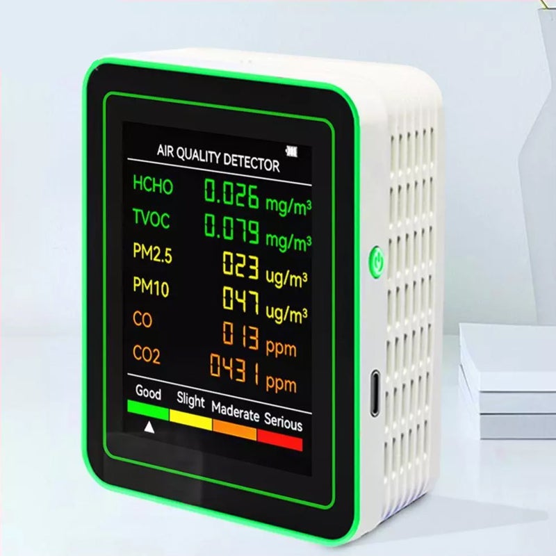Monitor de calidad del aire 6 en 1, medidor de CO2, PM2.5, PM10, HCHO, TVOC, CO, detector de formaldehído con pantalla LCD y analizador de gases - 6