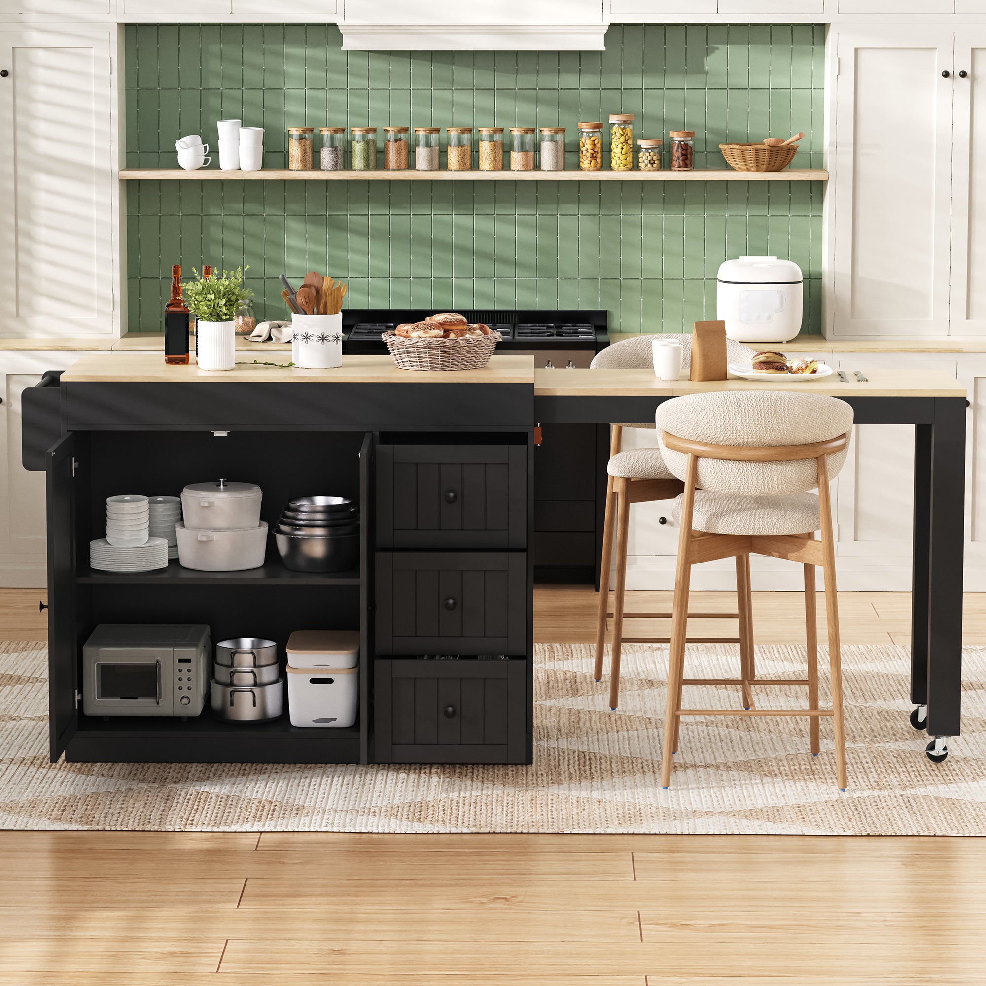 Îlot de cuisine rétractable,avec table gigogne,Bar de cuisine moderne sur roulettes,chariot de cuisine mobile avec étagère à épices et tiroir, Noir - 4