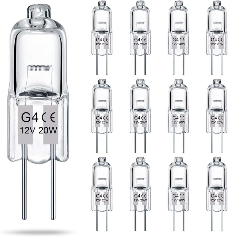 Zestaw 14 przezroczystych żarówek halogenowych G4, 12 V, 20 W,dwubolcowy trzonek JC T3, ściemnialnych, 2700 K.
