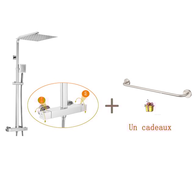 AURALUM MAX Colonna Doccia Termostatica Altezza Regolabile tra 96-130cm, Cromato+60cm Portasciugamani Bagno Autoadesivo o Foratura in Acciaio Inox
