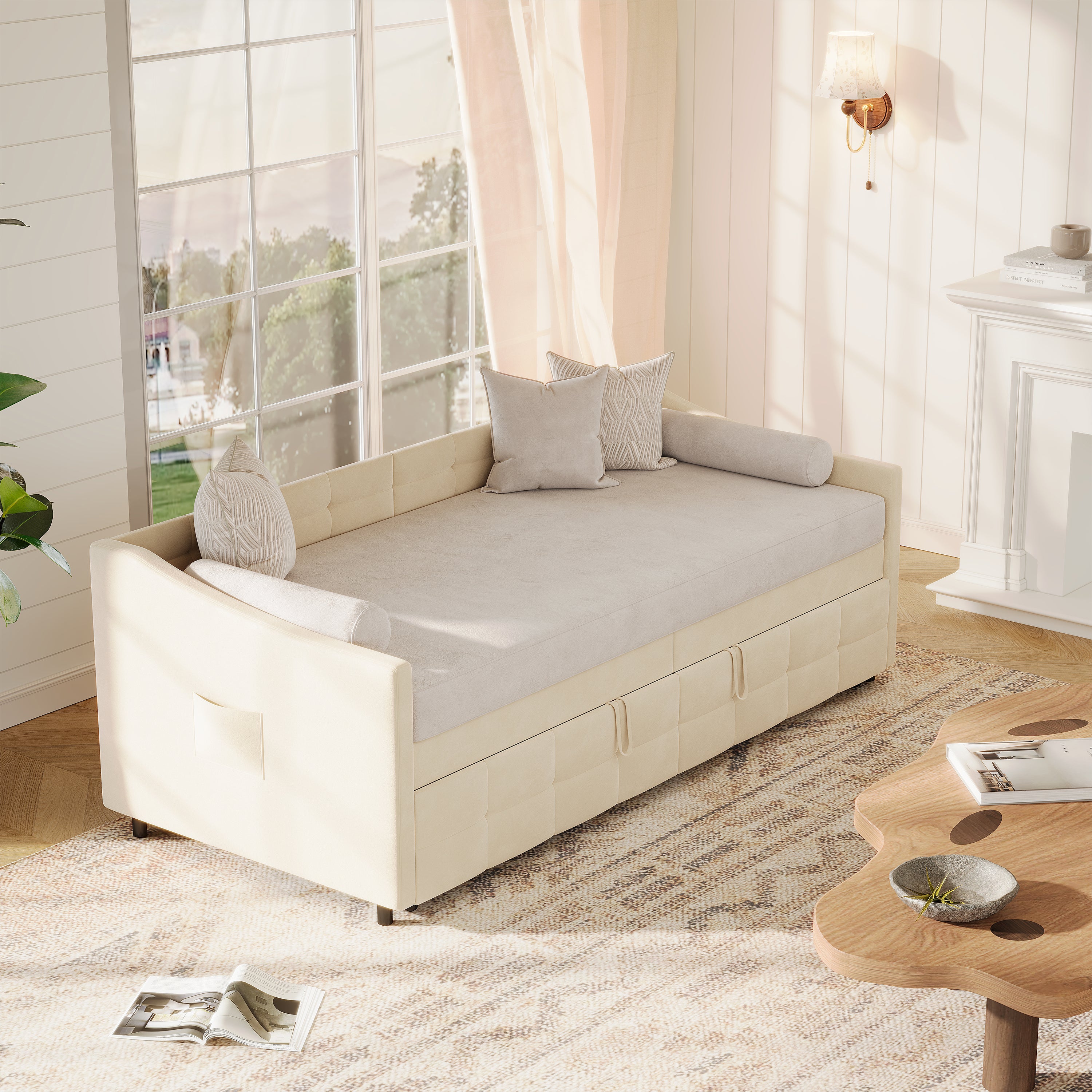 Lit gigogne 90x190/200 cm - avec poches latérales - accoudoirs - cadre à lattes - style scandinave - canapé-lit - Beige - 4
