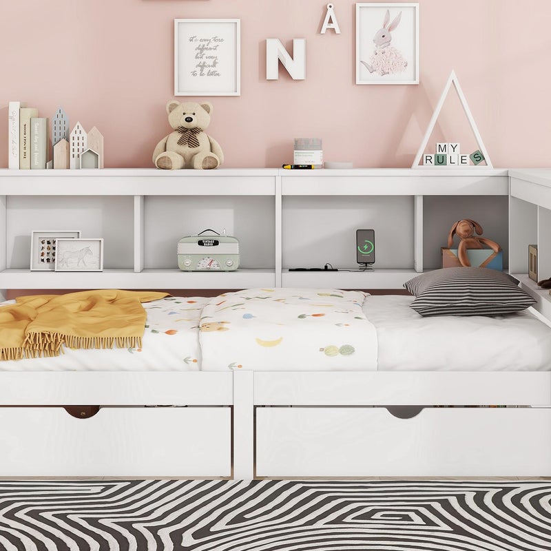 Łóżko pojedyncze 90x200 cm - z portami USB i schowkiem - Biały