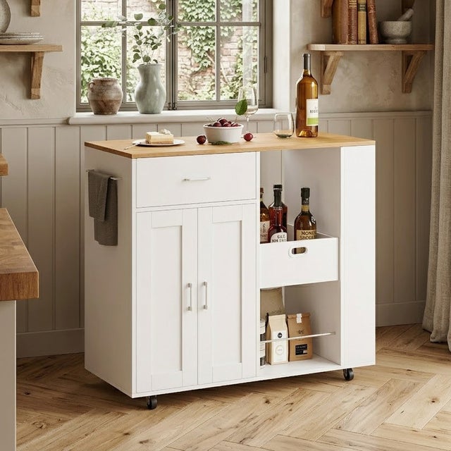 Îlot de cuisine avec plan de travail, chariot de cuisine avec 4 roulettes, armoire de cuisine avec 1 tiroir, 2 étagères ouvertes, 3 étagères à épices
