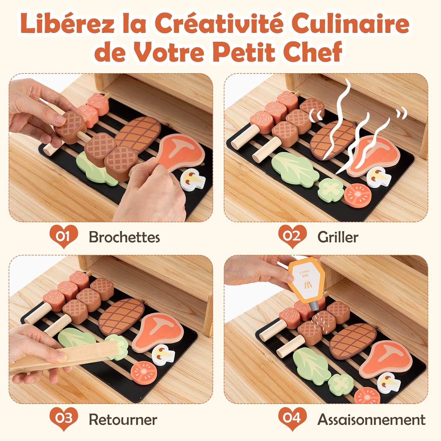 Beeloom – Cuisine Enfant BABYCUE en Bois Naturel avec Accessoires, Style Barbecue, Jeu d'Imitation pour Enfants dès 3 Ans, Design Portable et Minimaliste