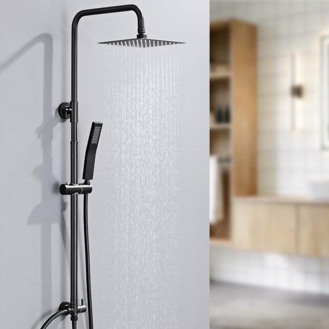 Auralum max Colonne Douche Noir sans Mitigeur Ensemble Douche avec Douchette,Réglable en hauteur avec Tête Douche Carrée 20*20cm,Acier Inoxydable