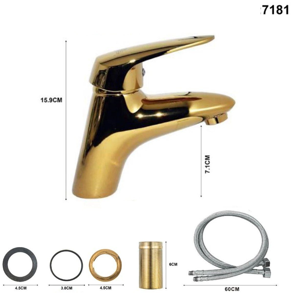 Rubinetto Miscelatore Dorato Oro Per Lavabo Bagno, Kit Montaggio Incluso - Modello 7181, Design Elegante