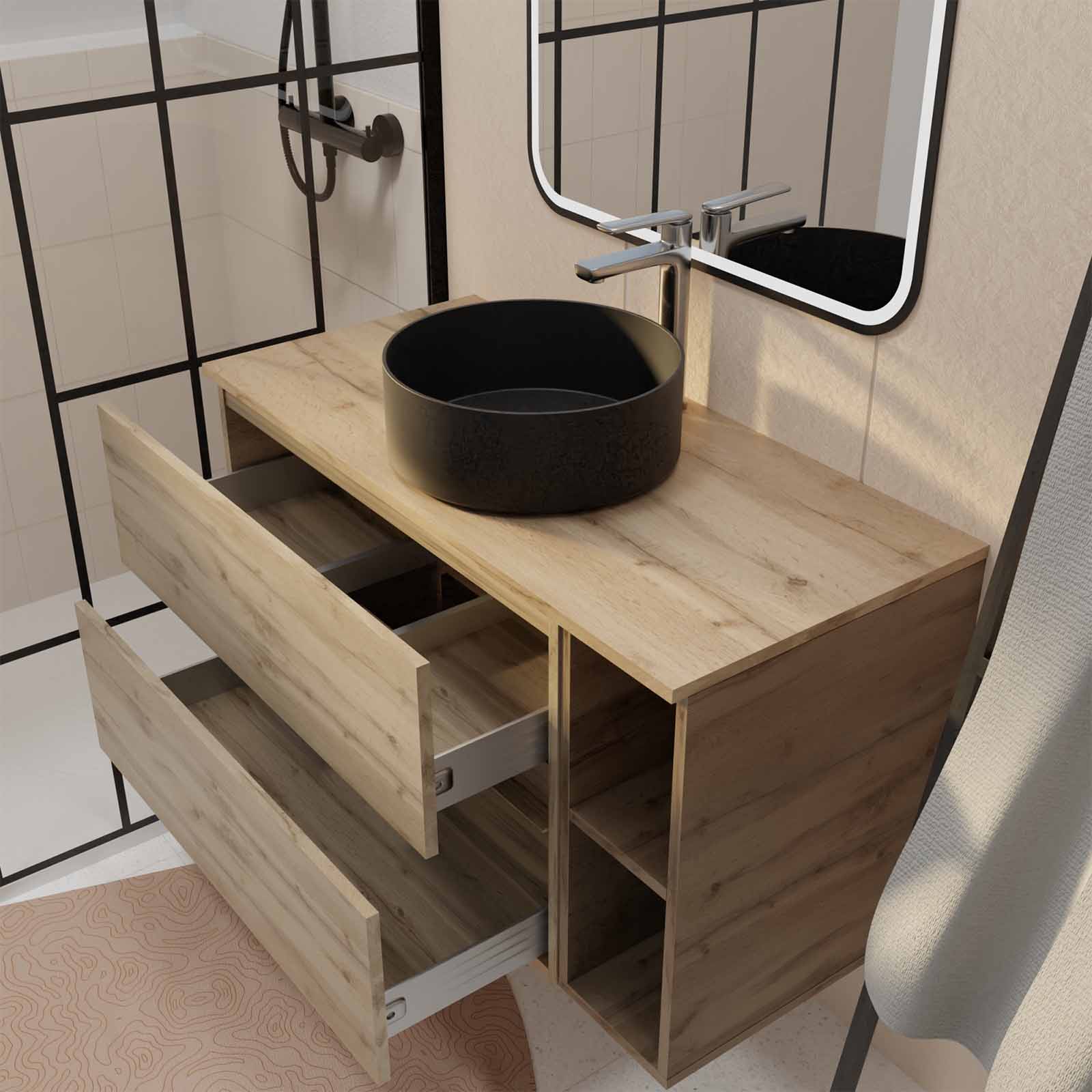 Meuble salle de bains 100 TIMBER Décor Chêne 2 Tiroirs, Vasque Noire, Miroir 100x70 LED bord Noir - 2