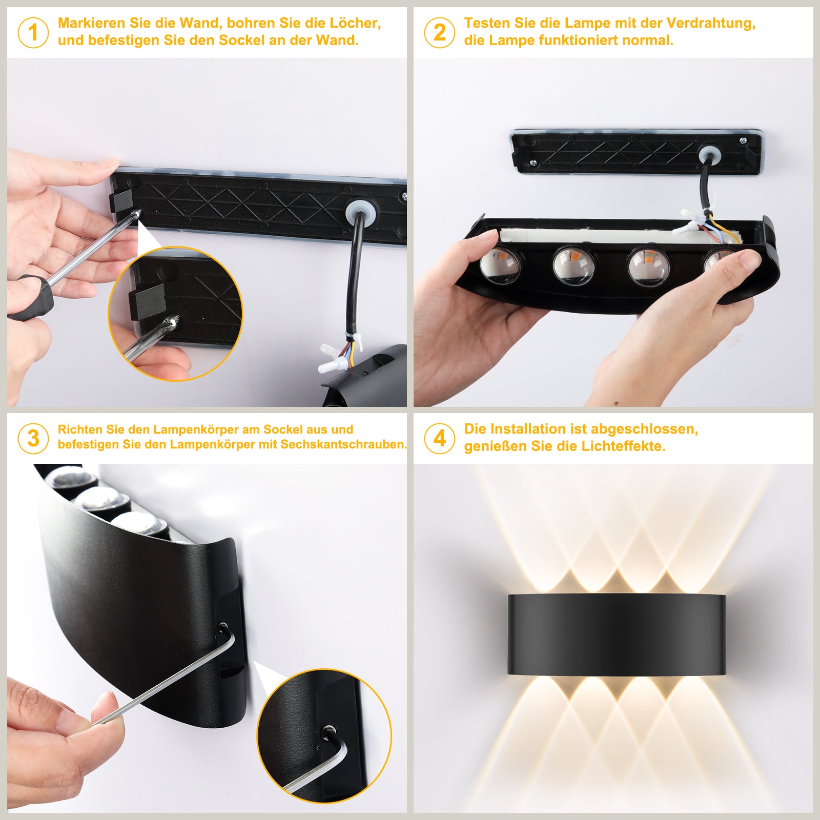 Applique murale LED intérieure/extérieure avec arrivée électrique, Luminaire de salle de bains, Noir, Aluminium, IP65, 640LM, 3000K, Lot de 2, LOVHAUS - 5