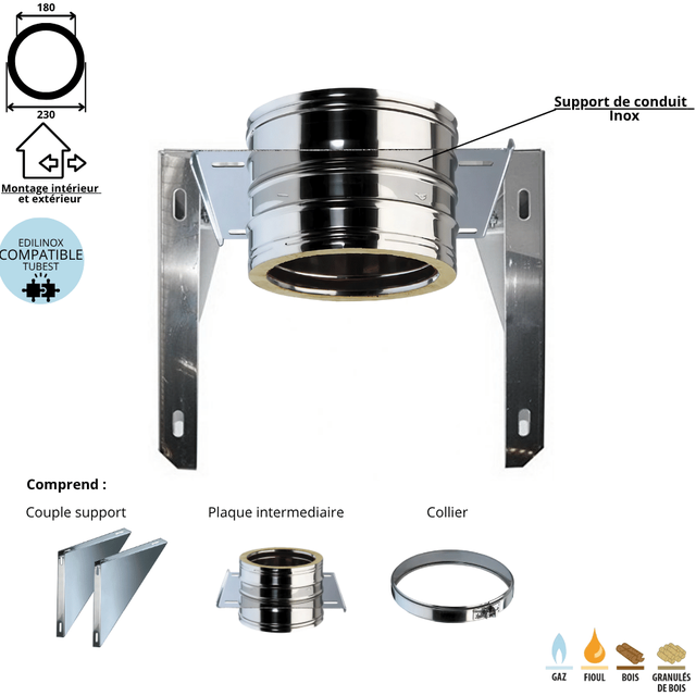 Support mural inox conduit double paroi isolé Edilinox - Diamètre 180 mm