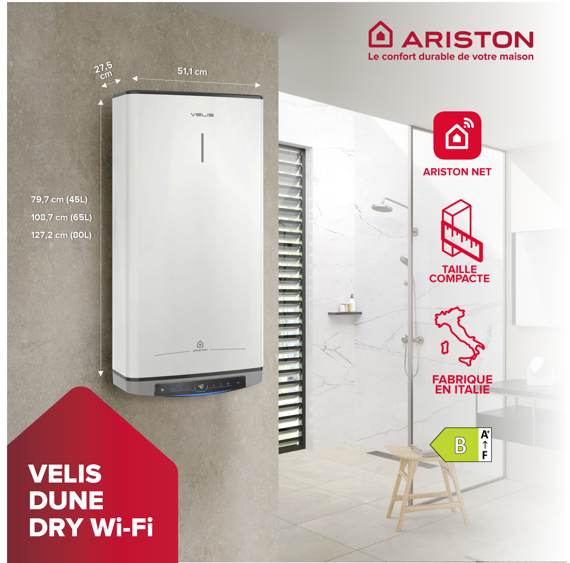 Chauffe-eau électrique Plat Multiposition ARISTON Velis Evo Dune Dry Wifi 65L - Kit d'installation Inclus - 4