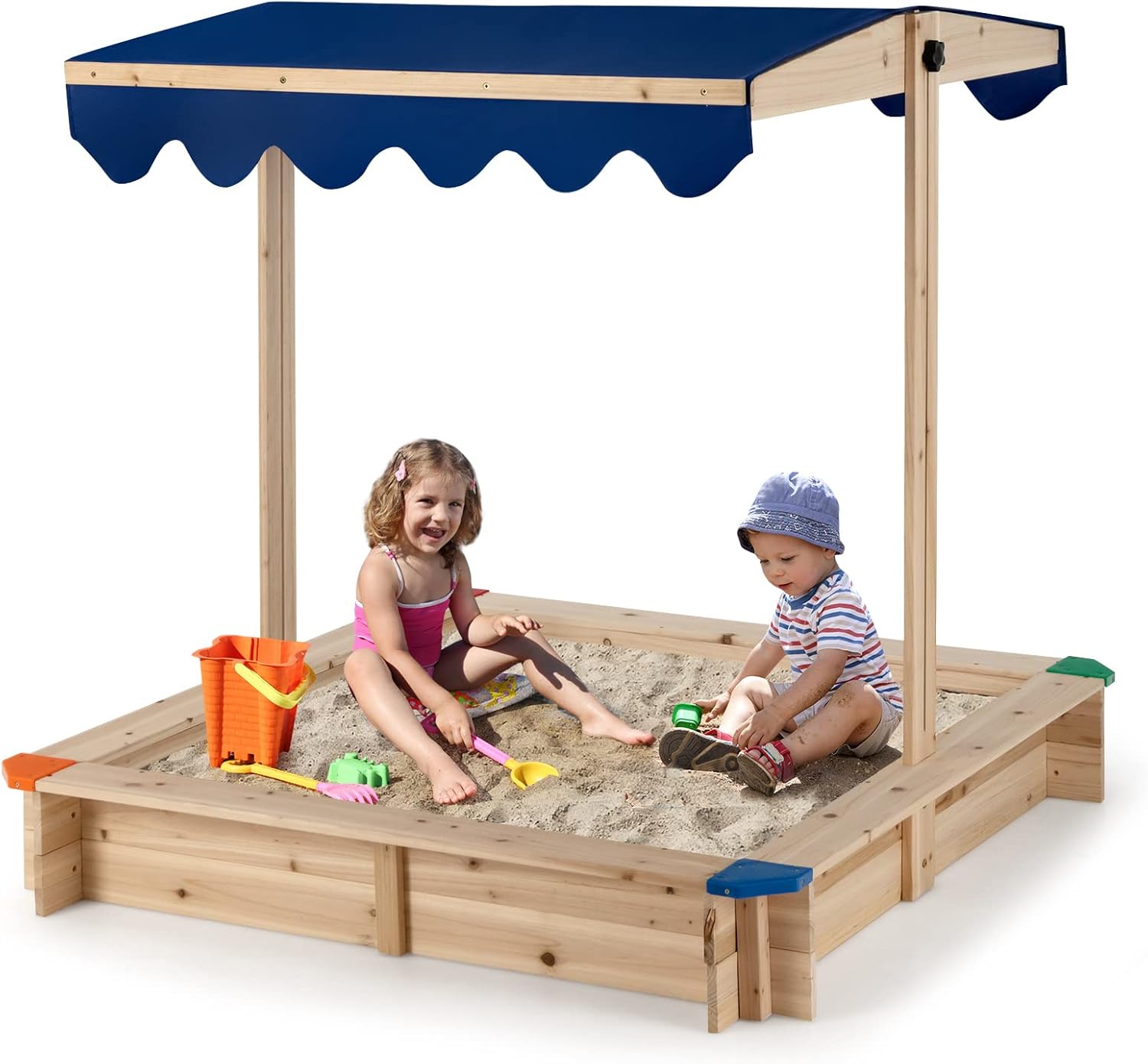 Piaskownica dla Dzieci z Drewna Sosnowego, Wyposażona w Regulowany Daszek Odporny na Promieniowanie UV, bez Dna, Przeznaczona do Zabawy
