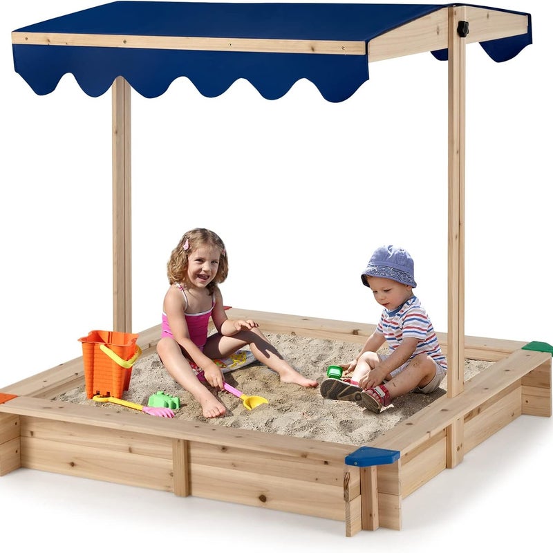 Piaskownica dla Dzieci z Drewna Sosnowego, Wyposażona w Regulowany Daszek Odporny na Promieniowanie UV, bez Dna, Przeznaczona do Zabawy