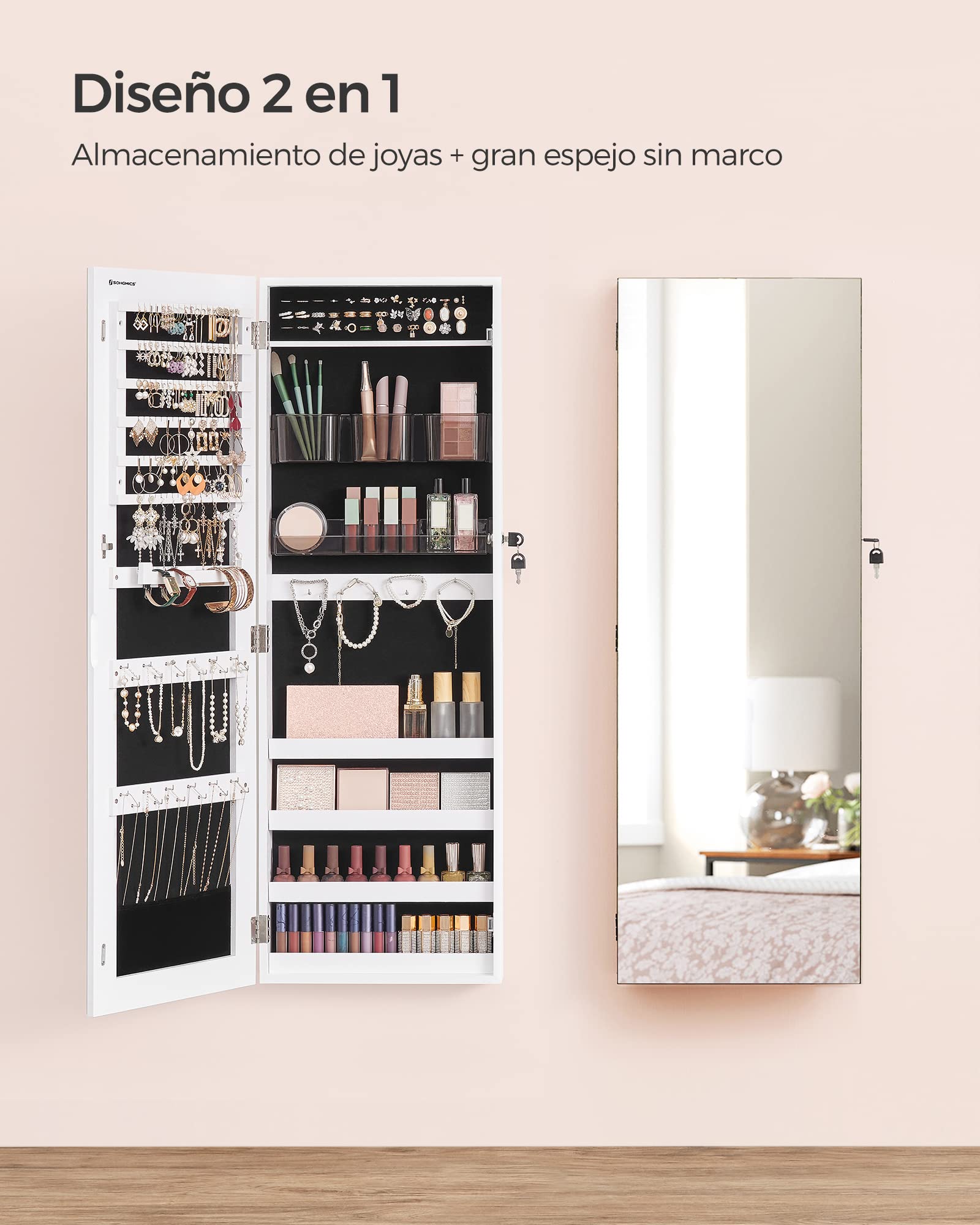 Espejo joyero de pared sin marco con cerradura, incluye 2 organizadores de cosméticos y llaves, blanco - 5