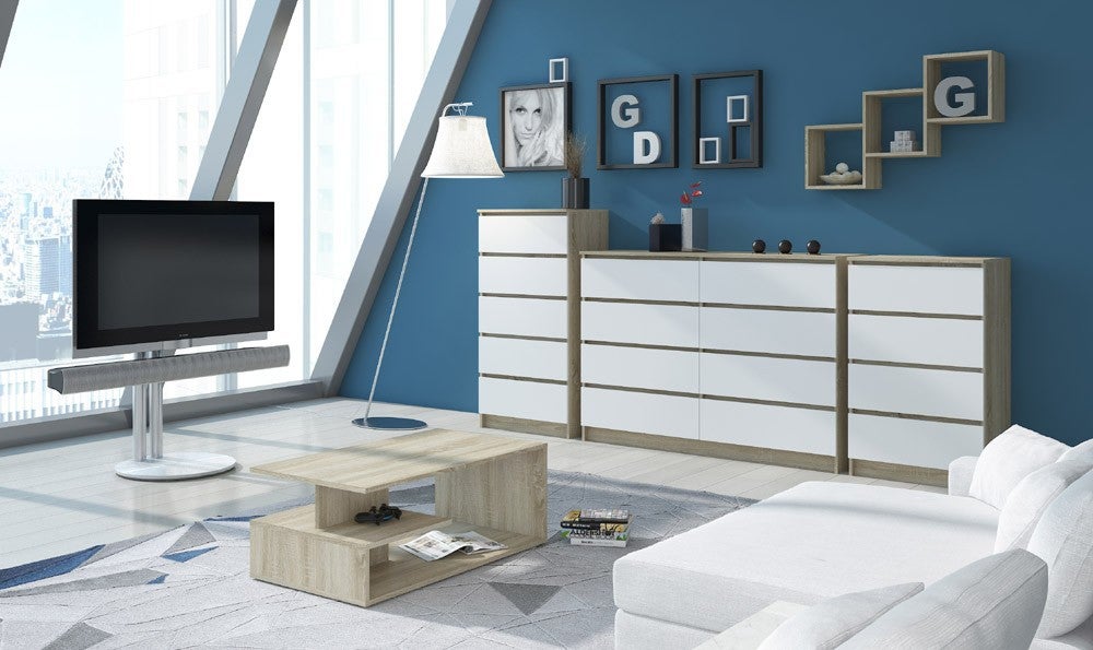 Commode AKORD K140 Chêne Sonoma 138 cm 6 tiroirs façade Blanche 138x40x77 cm - 6