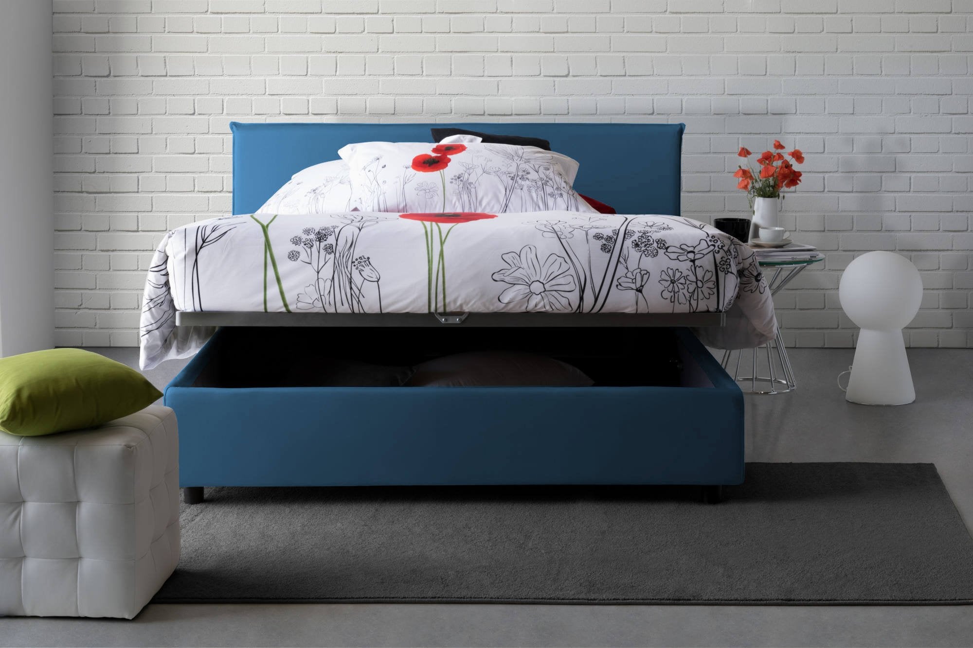 Lit double Ashlee, Lit coffre avec revêtement en tissu, 100% Made in Italy, Ouverture frontale, adapté pour matelas 160x190 cm, Bleu - 7