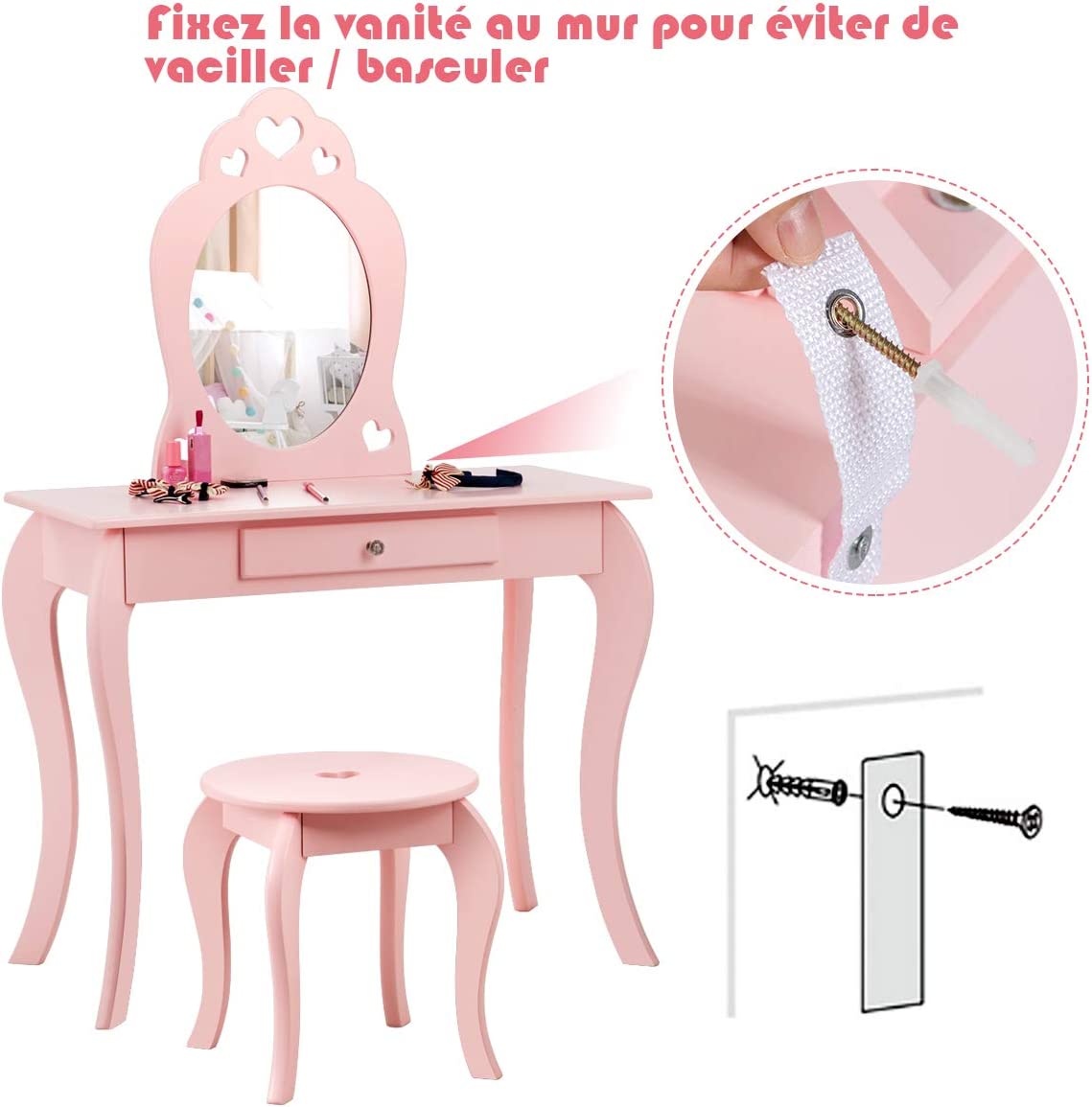 Toeletta Trucco per Bambina, Specchiera per Ragazzi in Legno Robusto, Postazione Trucco 2 in 1 con Cassetto, Sgabello e Specchio Staccabile, 7 - 5