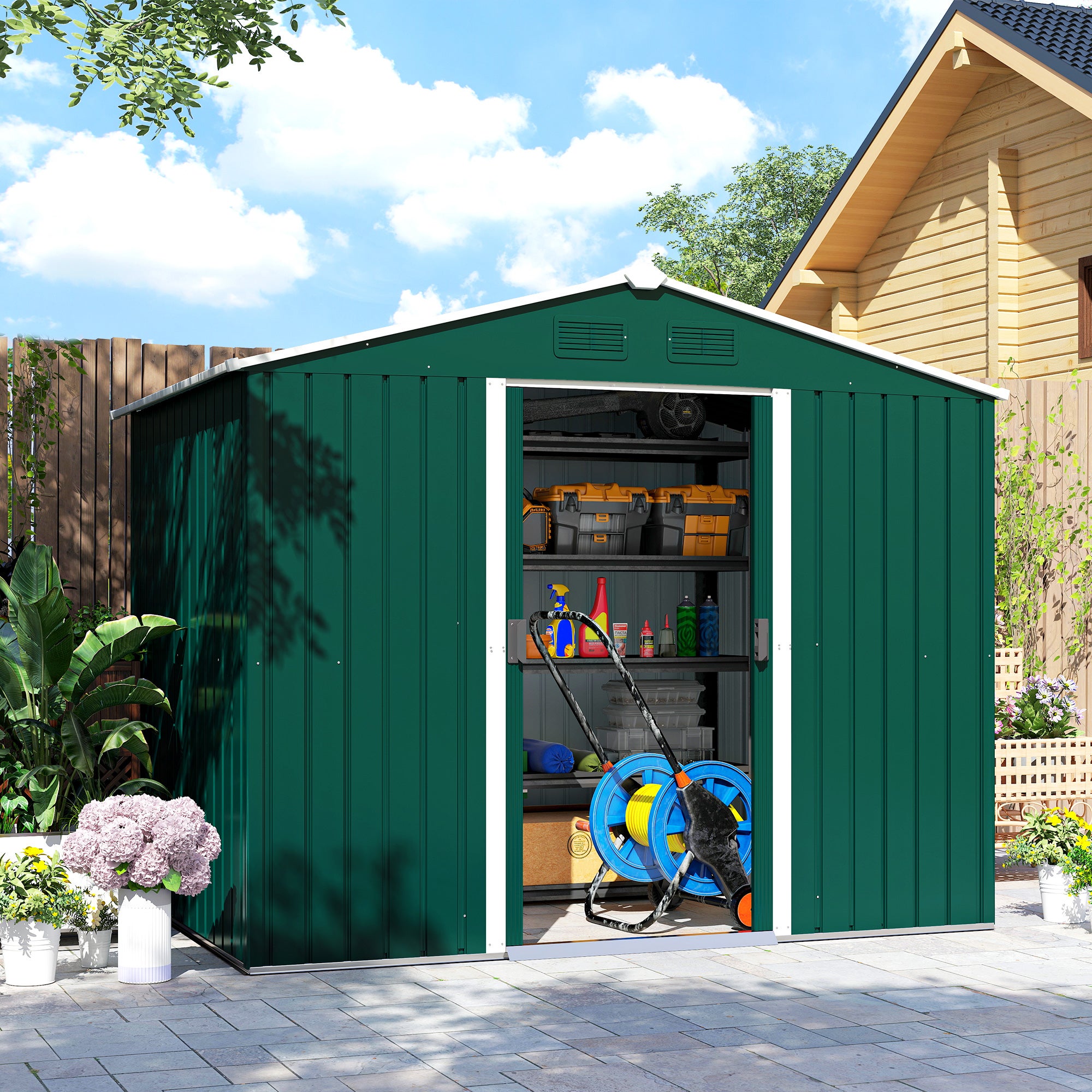 Caseta de Jardín Outsunny Acero, PP Verde 236x174x190 cm - 5