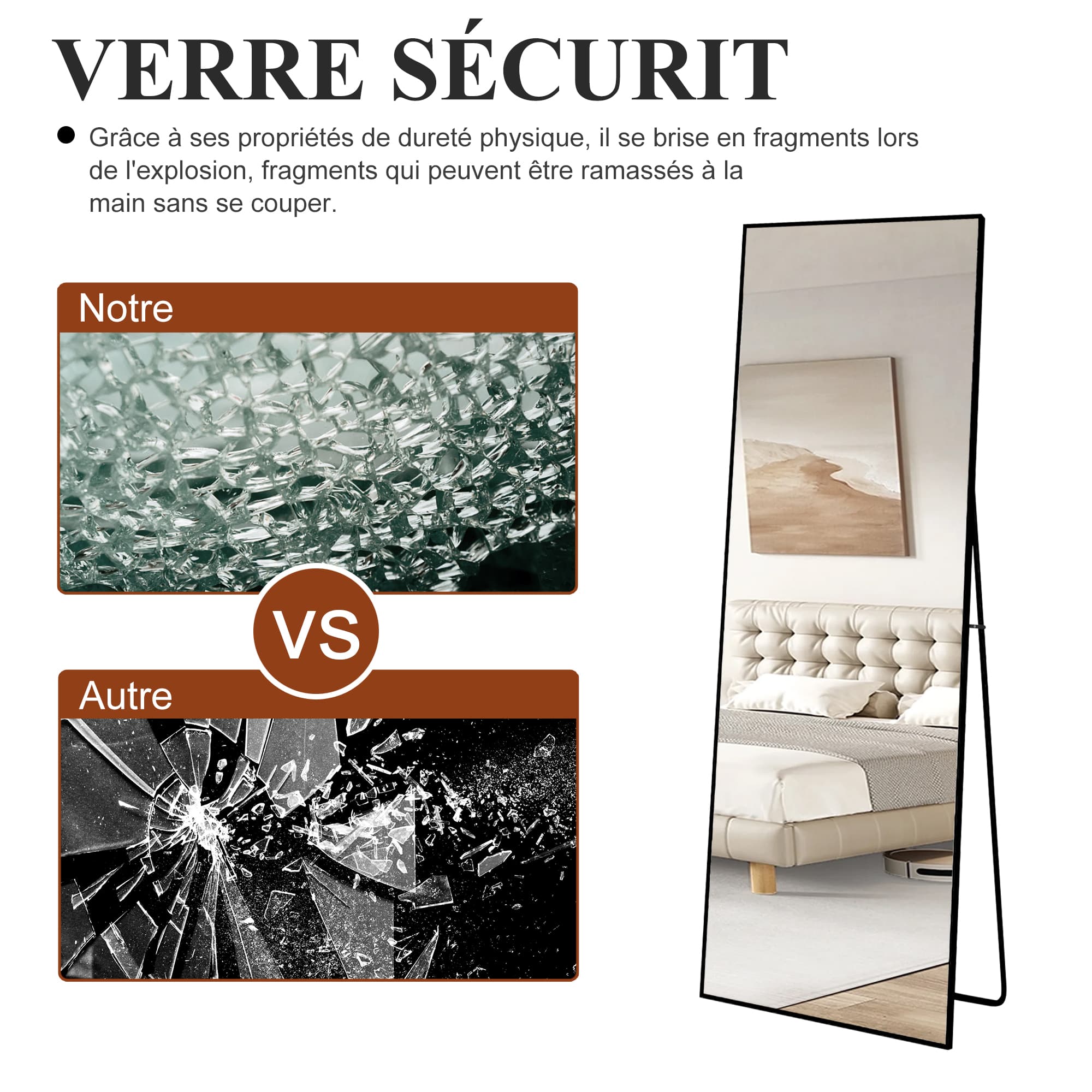 Espejo cuadrado de cuerpo entero de 164*54 cm (negro, marco de aluminio): se puede montar en la pared o inclinar. - 8