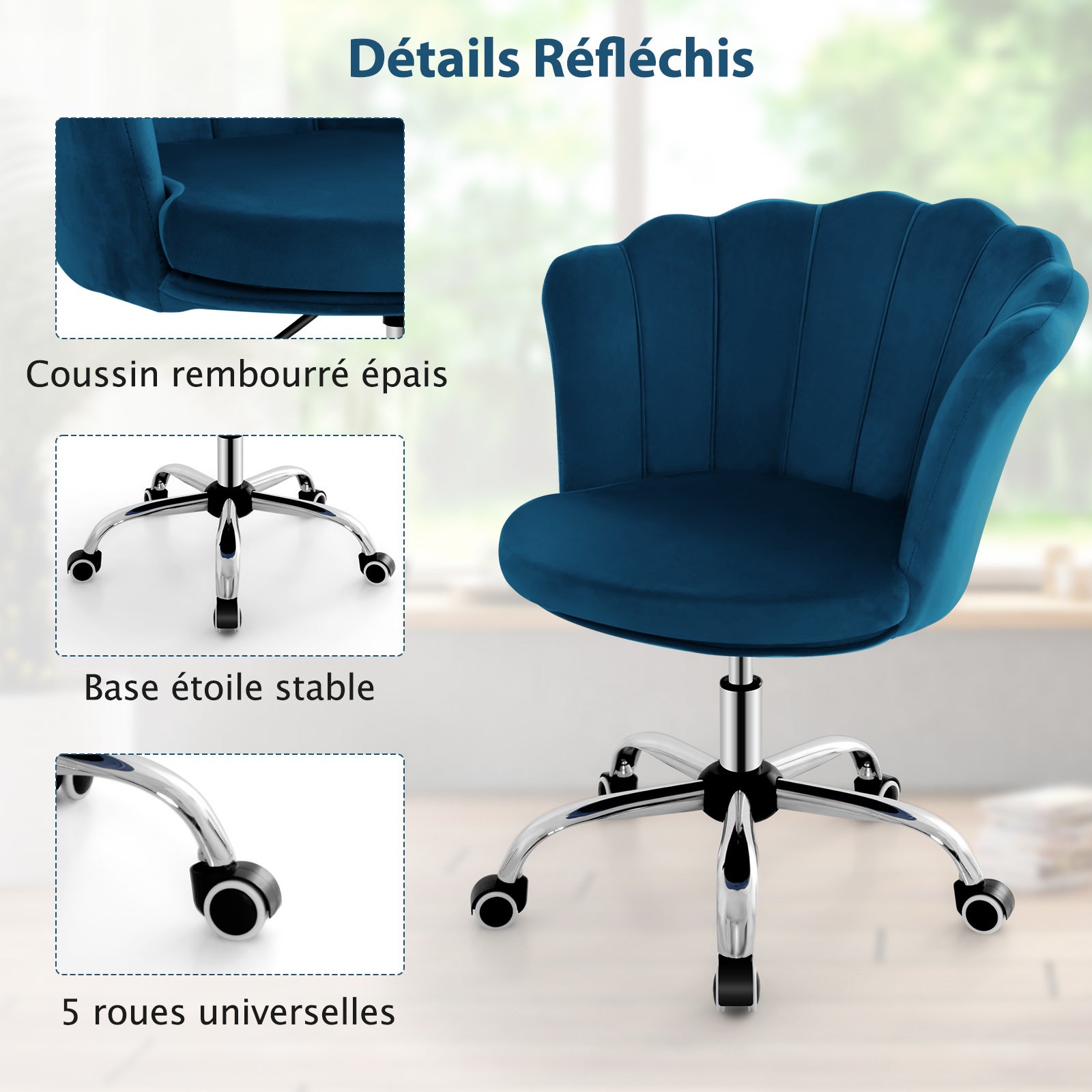 Fauteuil de Bureau en Velours avec 5 Roues Universelles, Chaise de Coiffeuse(Bleu) - 7