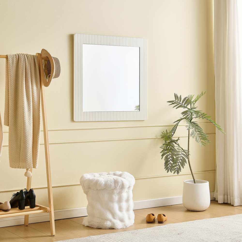Lustro ścienne kwadratowe 80x80 cm białe z ramą z płyty MDF z efektem drewna, nowoczesne lustro dekoracyjne do przedpokoju, sypialni i salonu