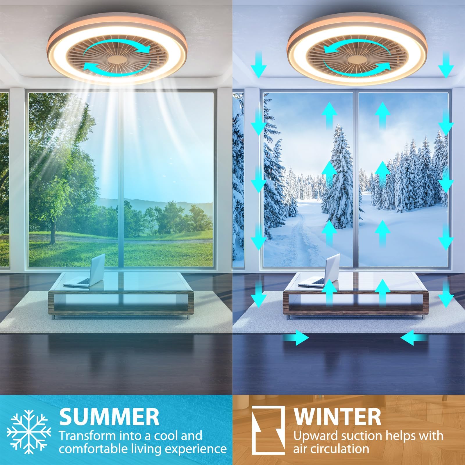 Ventilateur de plafond avec éclairage LED RGB Ø 47cm, Moteur DC Silencieux, Dimmable 3000-6500K, Fonction Été/Hiver, Mémoire & Minuterie, Télécommande - 3