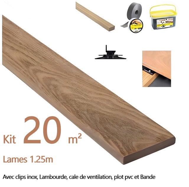 Kit complet terrasse 20m² en bois exotique Cumaru avec Clips INOX Longueur de lames 1250mm