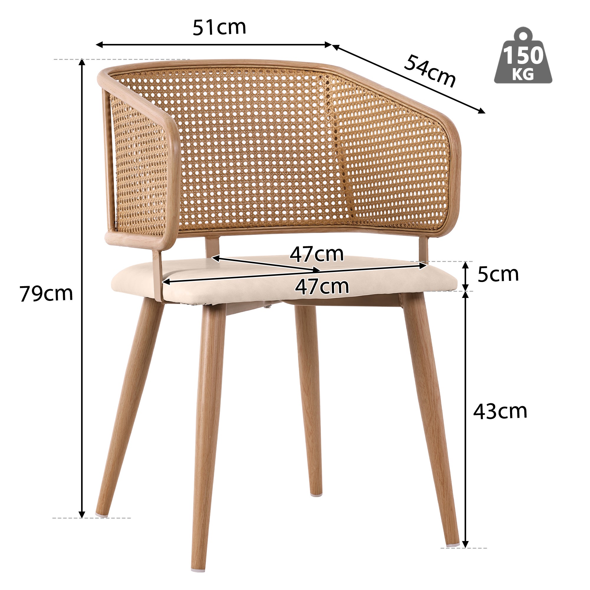Lot de 2 chaises avec dossier en rotin - coussins en similicuir beige - pieds en métal - Marron - 5