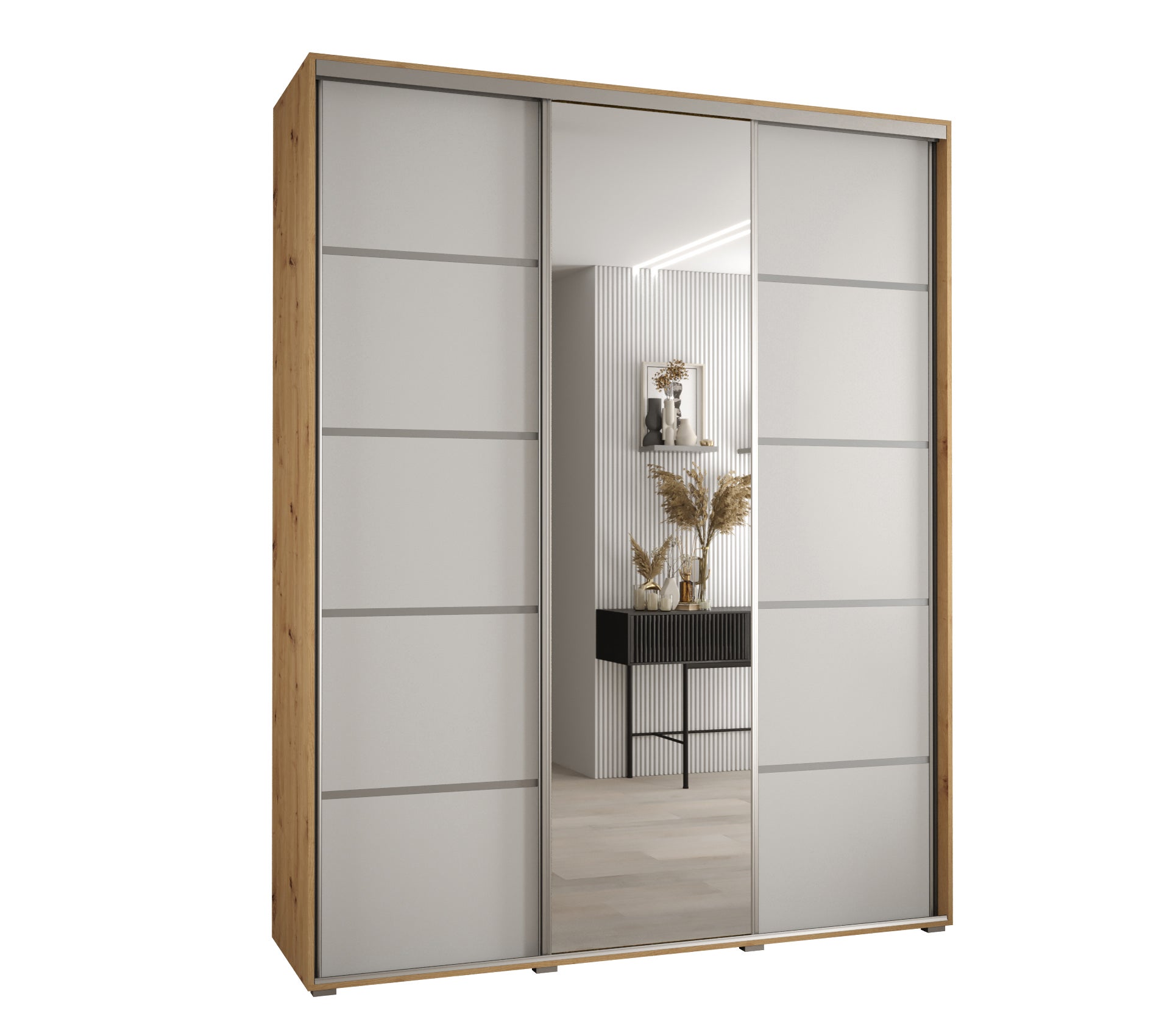 Szafa przesuwna z lustrem wysoka Davos 5 190 x 45 x 235,2 cm artisan + biały + u. srebrny - Abiks Meble