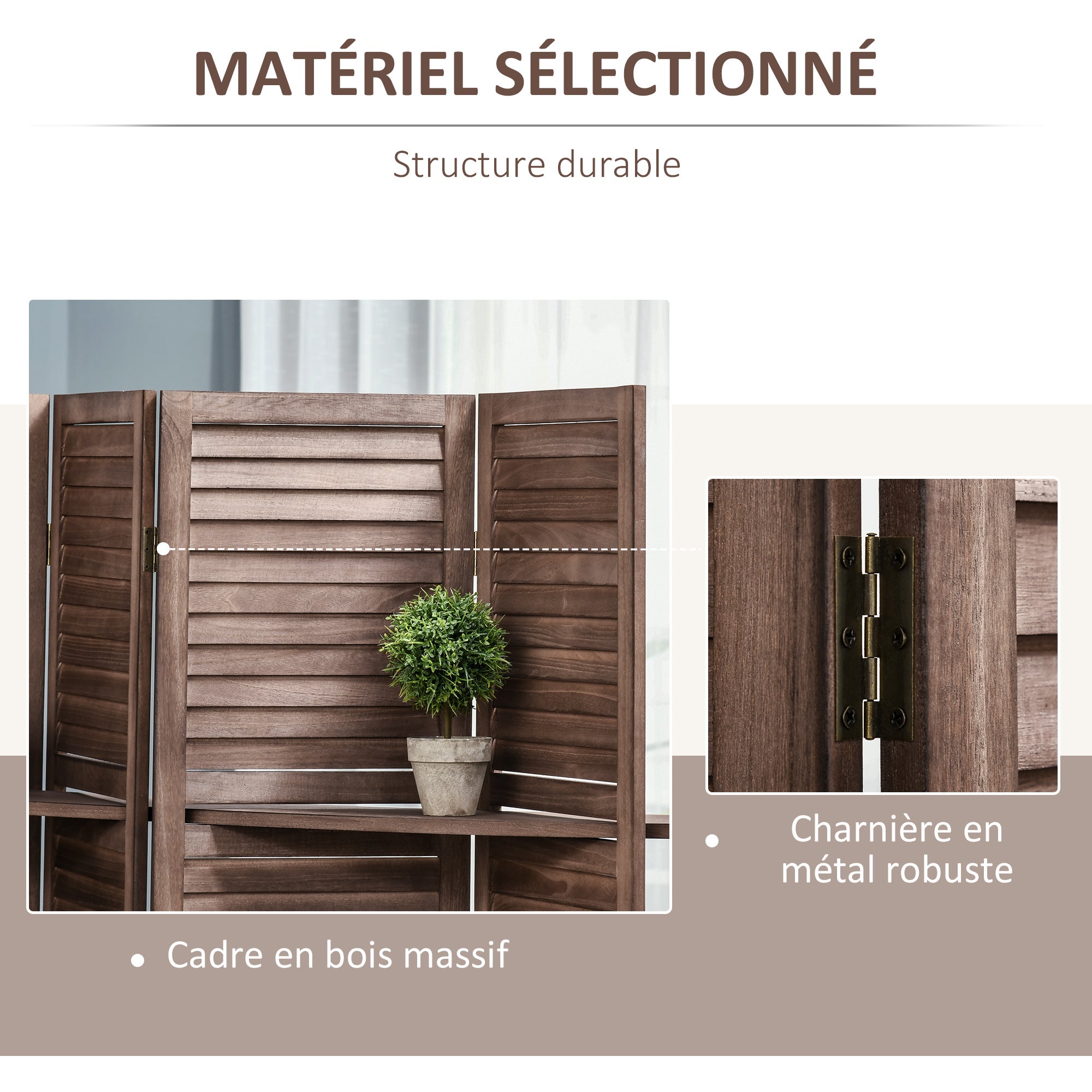 Paravent intérieur 4 Panneaux 162Lx170Hcm 3 étagères Pliables séparateur de pièce Portes persiennes Bois de Paulownia Noyer - 7