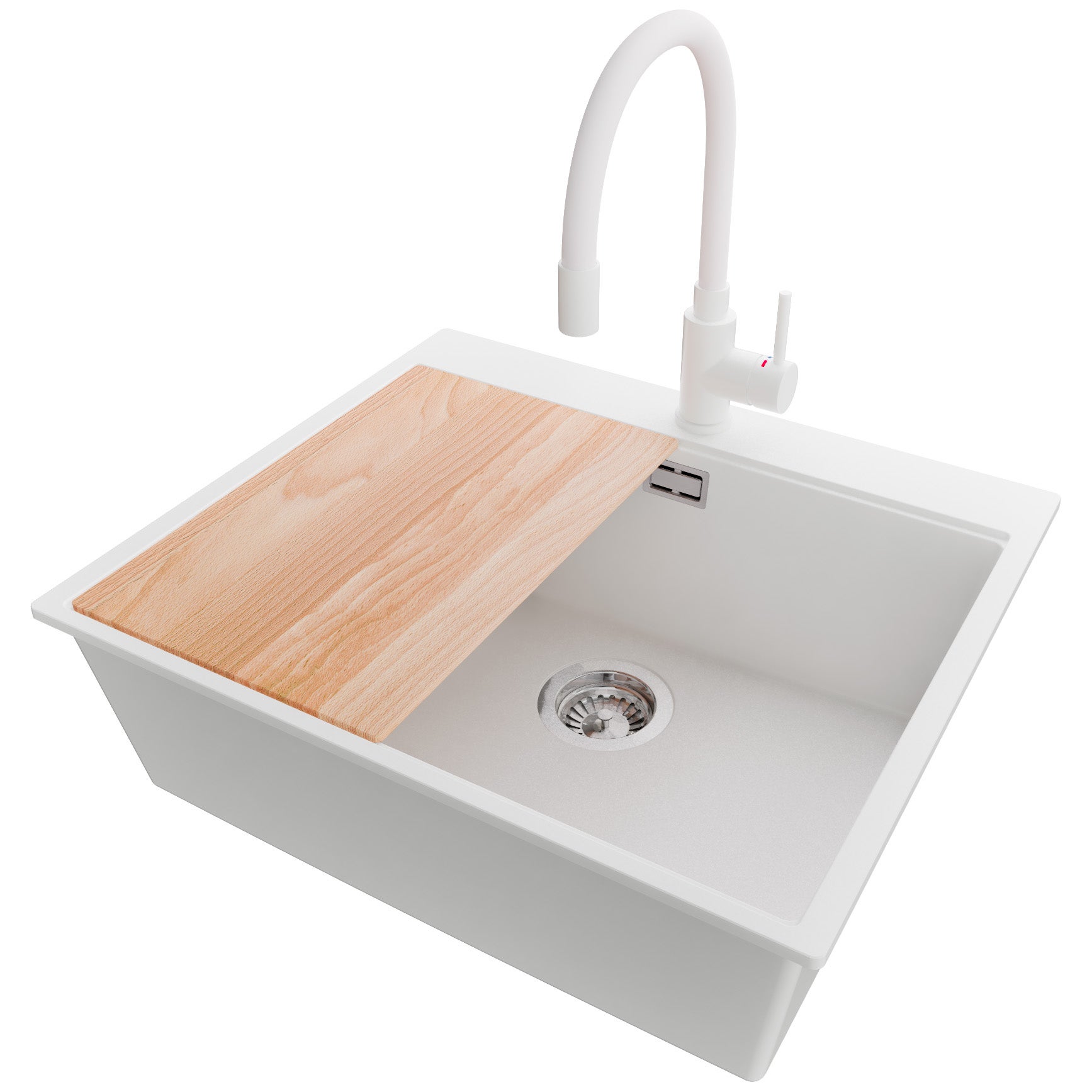 Zlewozmywak Granitowy Biały 58x50cm, Zlew Kuchenny 1 Komorowy + Bateria 38x14cm + Syfon + Deska, Nablatowy do szafki od 60cm - Oslo PRIMAGRAN