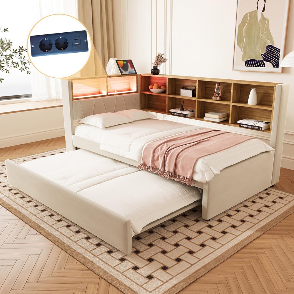 Rozkładana sofa 90 × 200 cm, z oświetleniem LED, gniazdkami elektrycznymi i licznymi schowkami, wykończenie flanelowe, beżowe