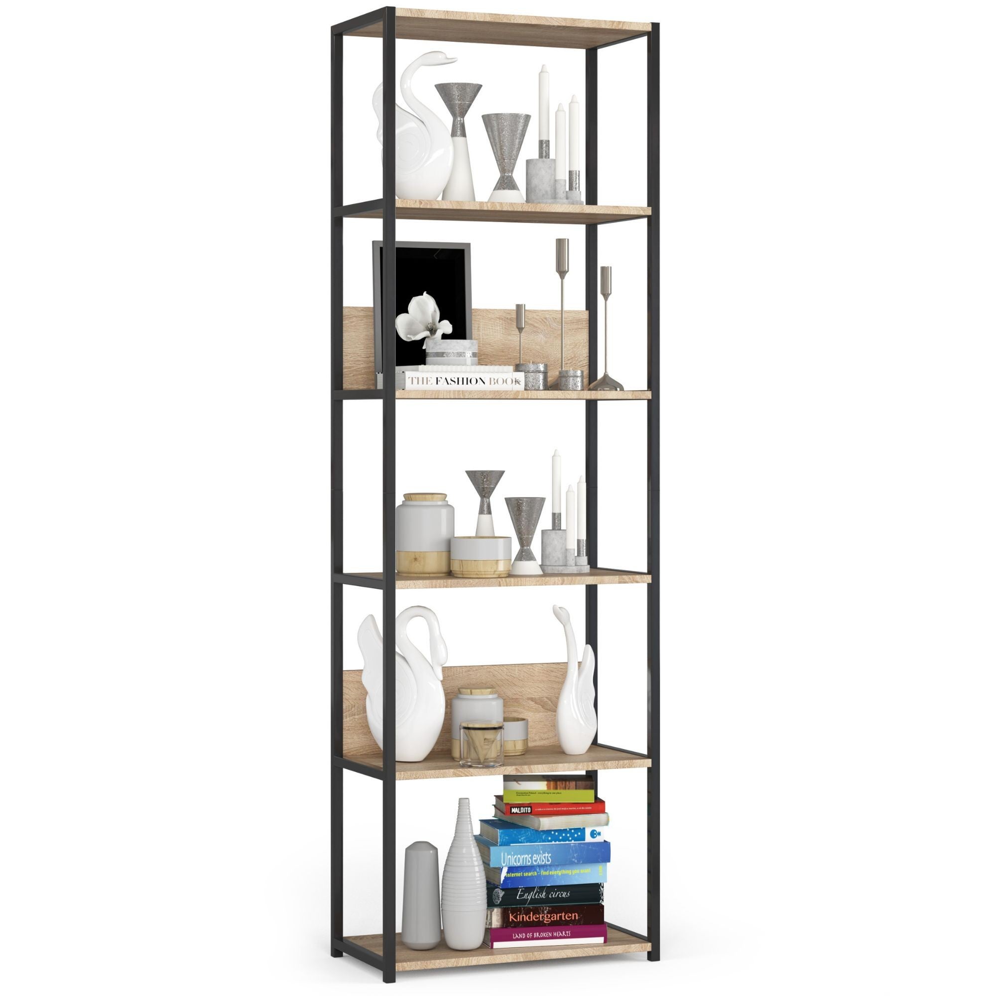 Regał loft AKORD metalowy Czarny 60 cm kolor Dąb Sonoma mat 6 półek 60x32x192 cm