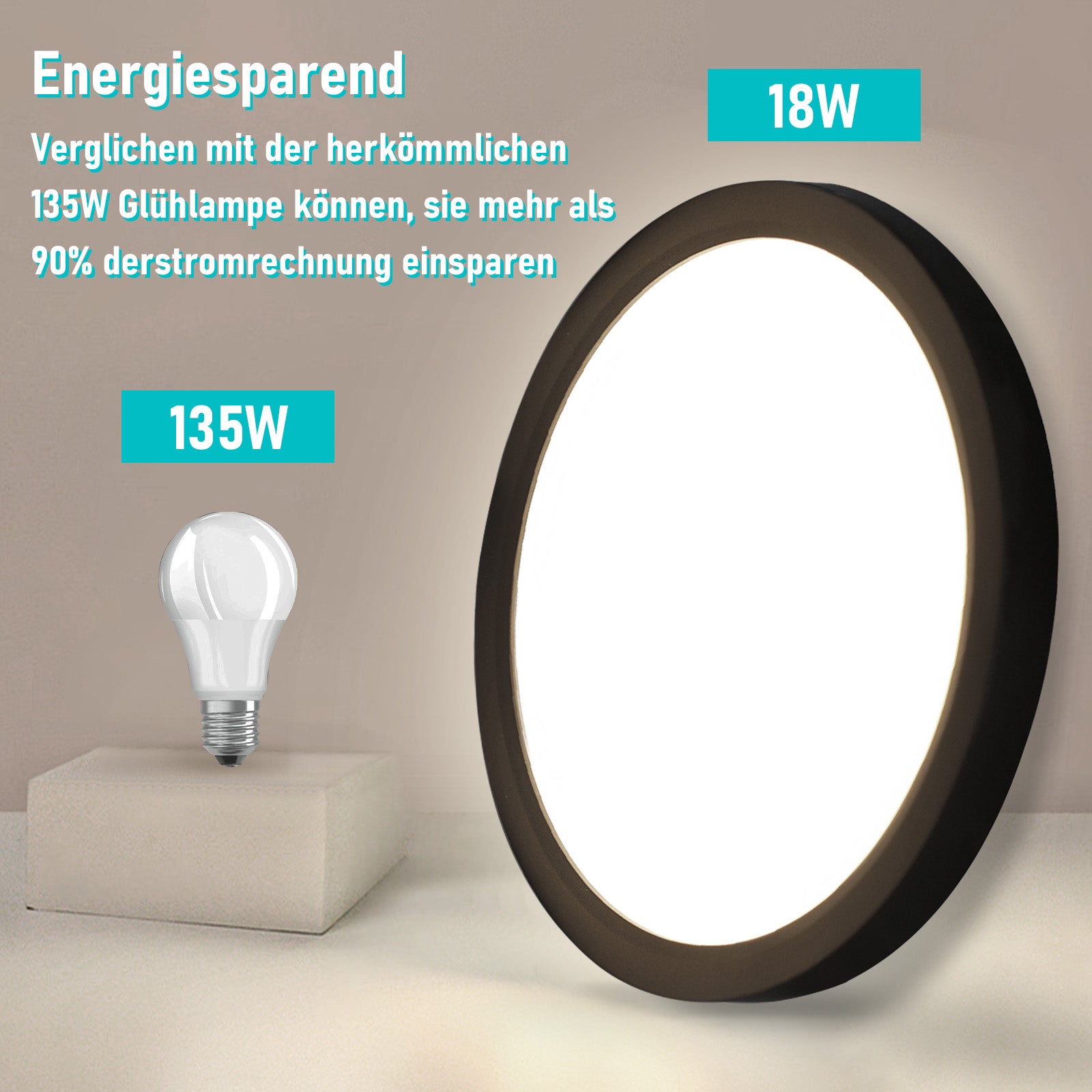 NETTLIFE Panneau LED plafonnier noir éclairage de plafond plat rond IP44 résistant aux éclaboussures - 7