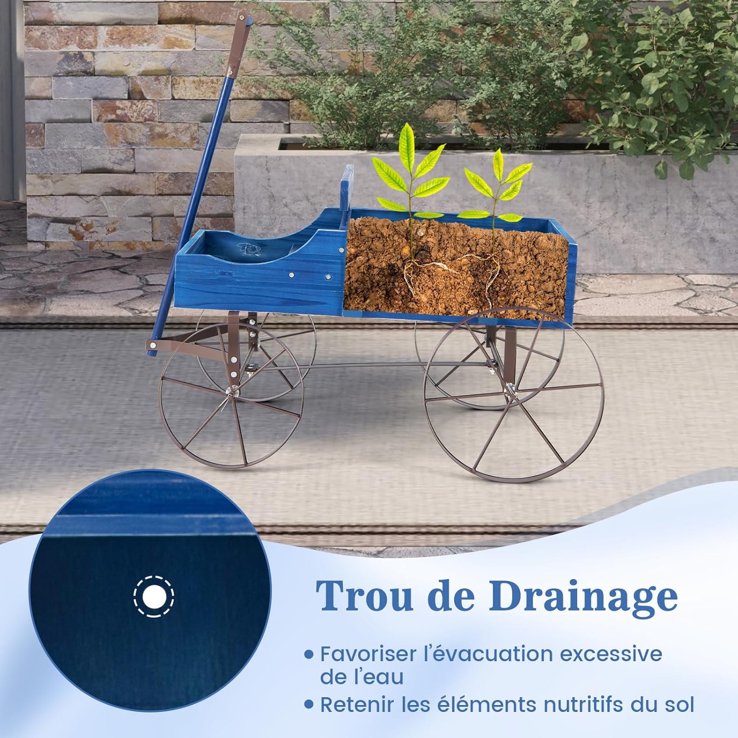 Brouette Décorative en Bois avec 2 Compartiments à Planter Roues Métalliques et Poignée à l'avant Charge 15kg pour Cour Jardin Véranda (Bleu) - 8