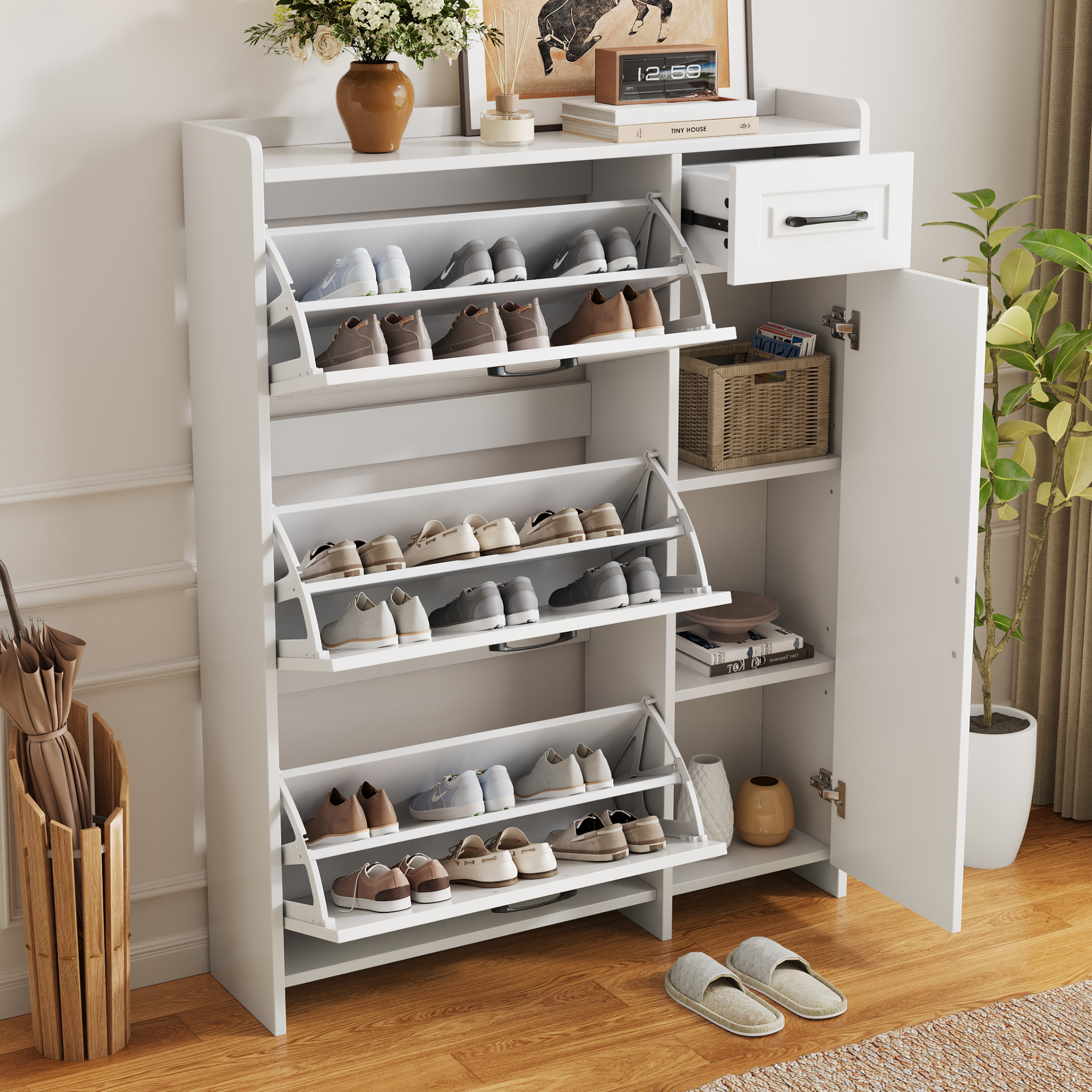 Pantofi modern cu rafturi reglabile, maner negru, un sertar, trei compartimente rabatabile și o usa, alb, dimensiuni: L92/D24/H121 cm
