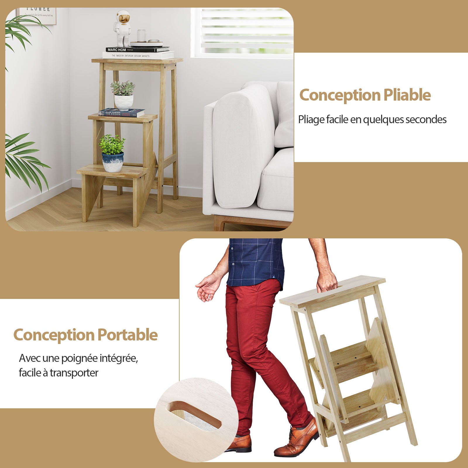 Tabouret Escabeau en Bois Hévéa Pliant, Marchepied 3 Marches, Escabeau Multifonctionnel Réversible, Portable, 57 x 41 x 76 cm, Capacité 310kg, Naturel - 8